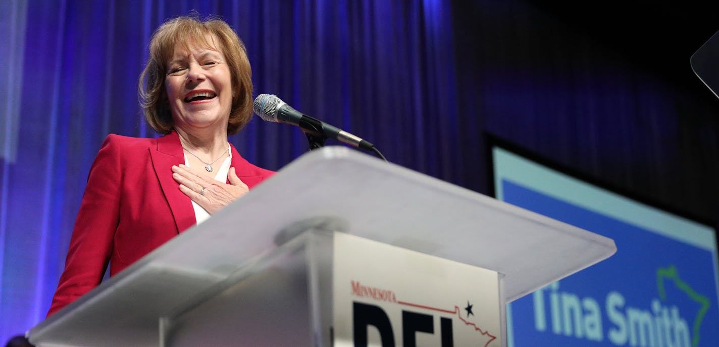 U.S. Sen. Tina Smith took the stage to accept the party's endorsement during the DFL State Convention Friday. ] ANTHONY SOUFFLE &#xef; anthony.souffle@startribune.com Democrats from around the state gathered for the DFL State Convention to choose their party's nominees Friday, June 1, 2018 at the Mayo Civic Center in Rochester, Minn.