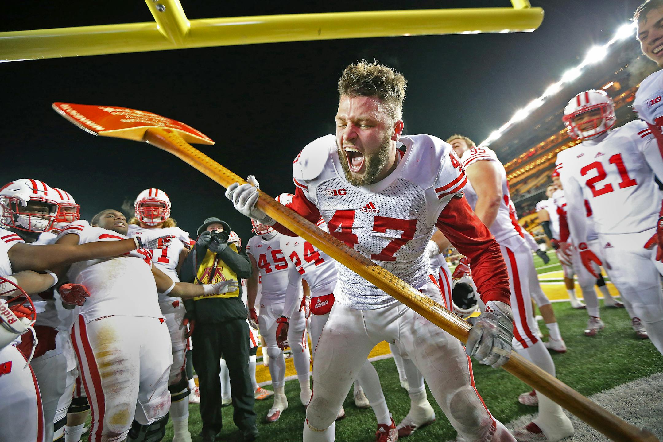 Wisconsin linebacker Vince Biegel took Paul Bunyan's Axe to one of the goal posts after Wisconsin defeated Minnesota 31-21 at TCF Bank Stadium last Nov. 28.