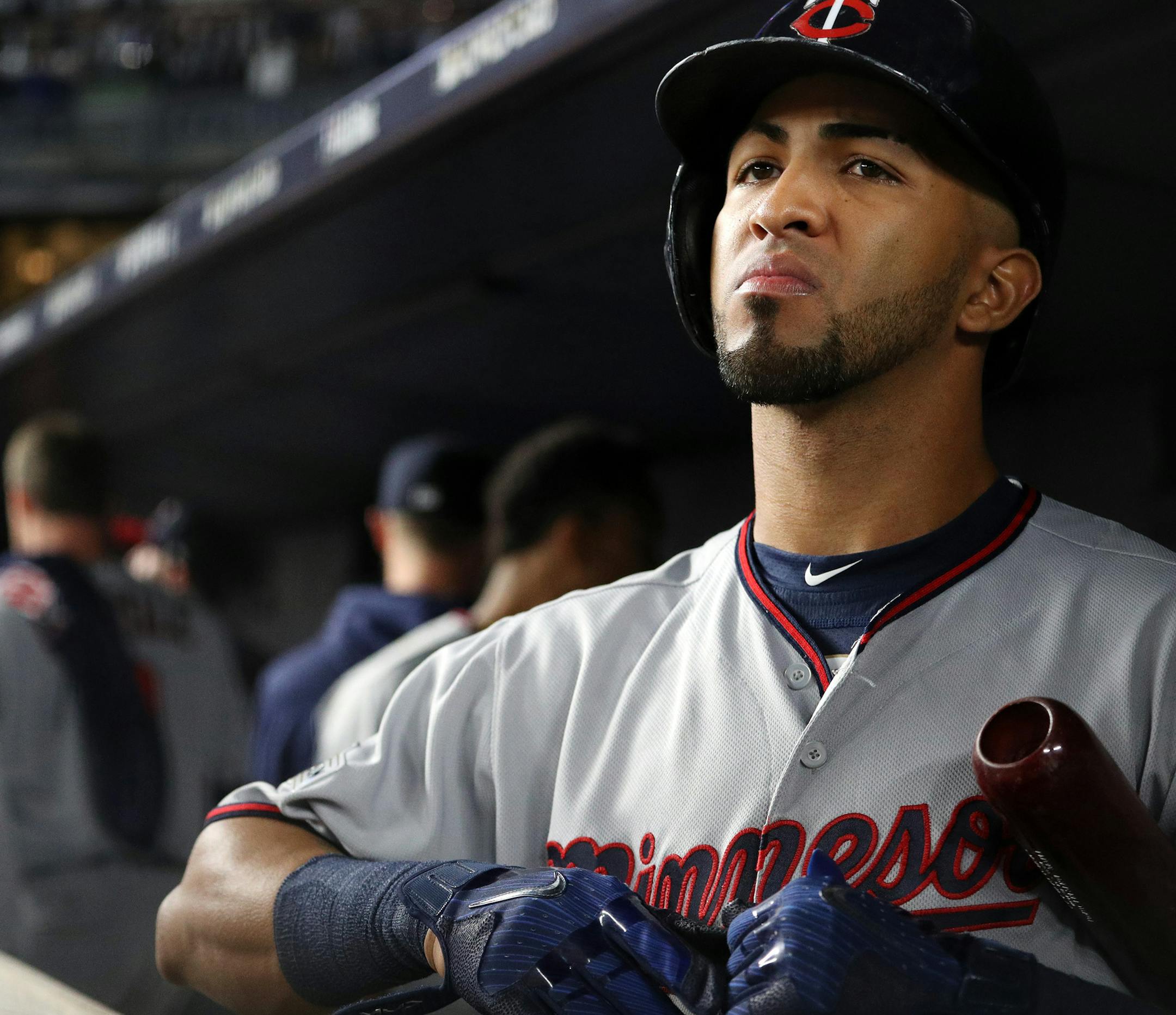 Minnesota Twins left fielder Eddie Rosario looks to the scoreboard in the dugout after losing to the New York Yankees, 8-4, the American League Wild Card game at Yankee Stadium in New York on Tuesday, Oct. 3, 2017. (Anthony Souffle/Minneapolis Star Tribune/TNS) ORG XMIT: 1212512 ORG XMIT: MIN1710032343332489