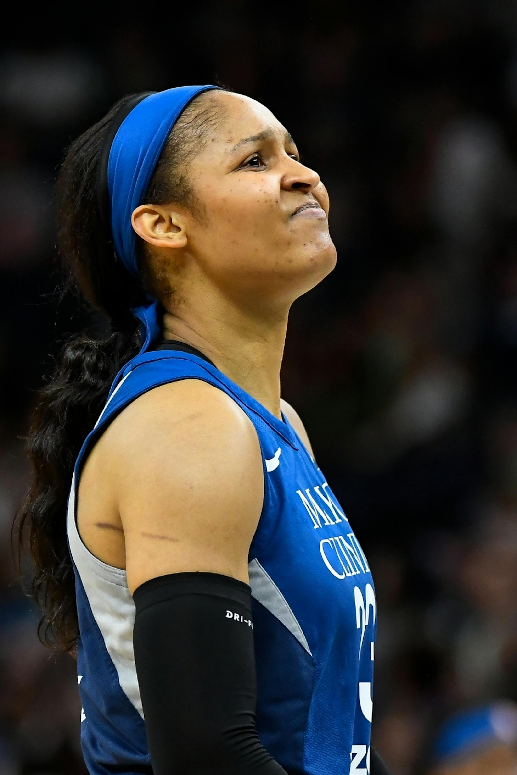 Minnesota Lynx forward Maya Moore (23) looked on in frustration after missing all five of her field goal attempts in the first half against the Los Angeles Sparks.