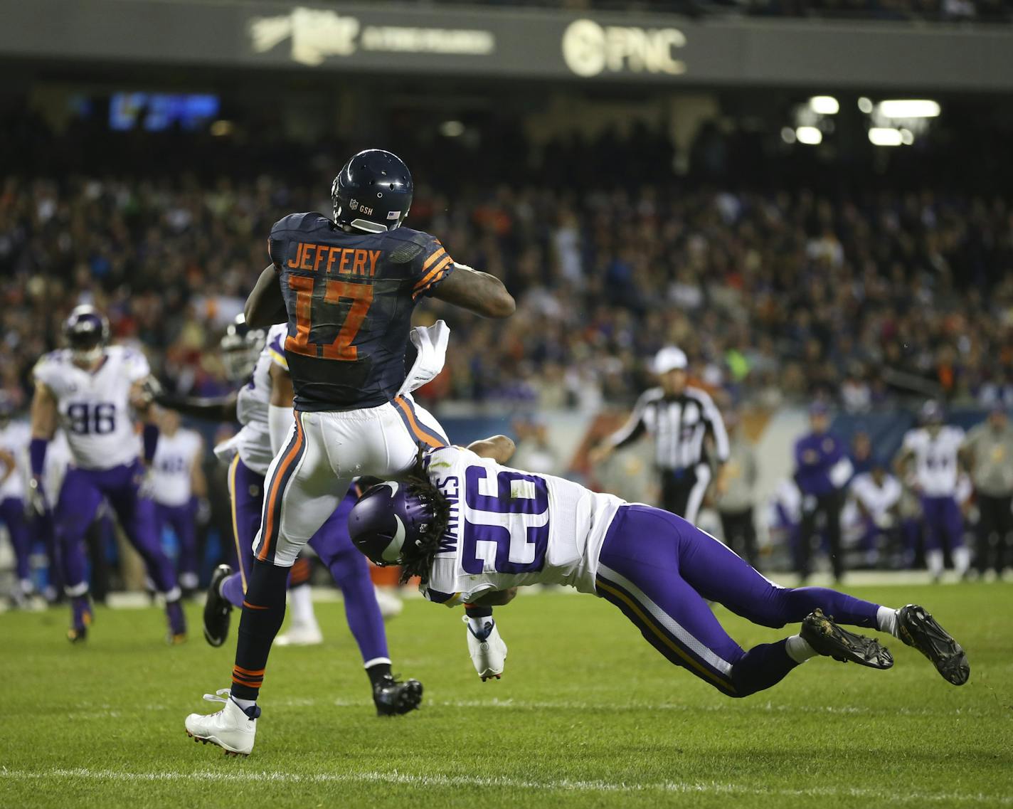 Chicago Bears wide receiver Alshon Jeffery (17) caught a pass before falling into endzone for an 11 yard touchdown reception in the fourth quarter. He was tackled by Vikings cornerback Trae Waynes (26). ] JEFF WHEELER &#xef; jeff.wheeler@startribune.com The Minnesota Vikings lost 20-10 to the Chicago Bears in an NFL Monday Night Football game at Soldier Field in Chicago on October 31, 2016.