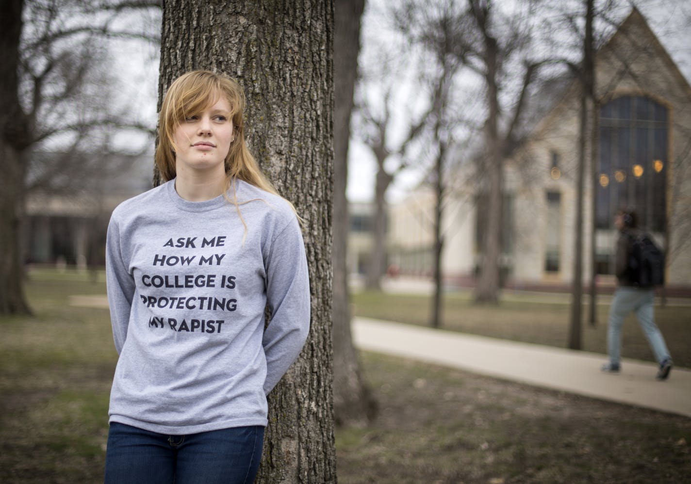 Madeline Wilson has been raising eyebrows at St. Olaf College with her T-shirt: "Ask me how my college is protecting my rapist."