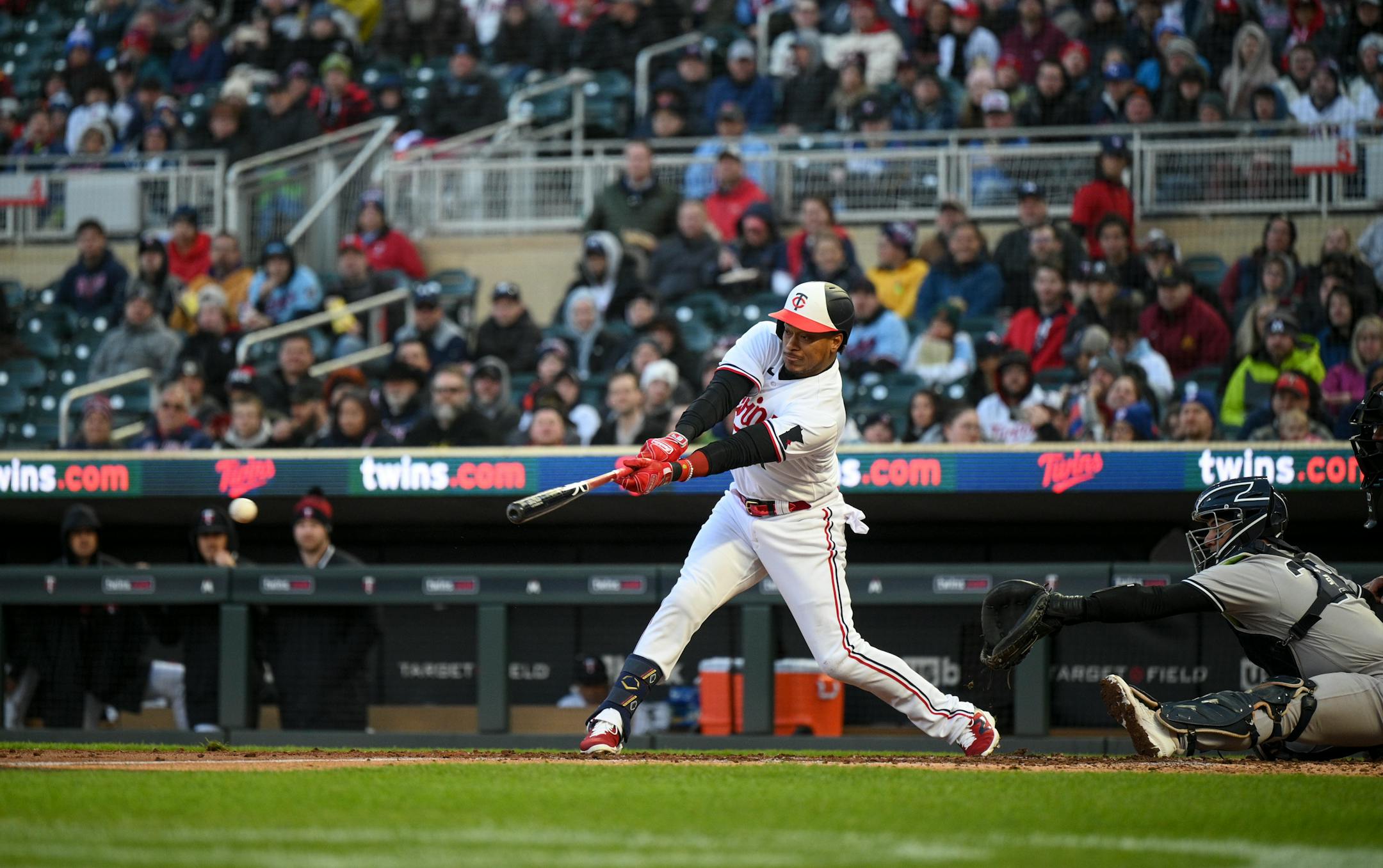 Minnesota Twins second baseman Jorge Polanco hits a two-run single in the bottom of the third inning against the New York Yankees.