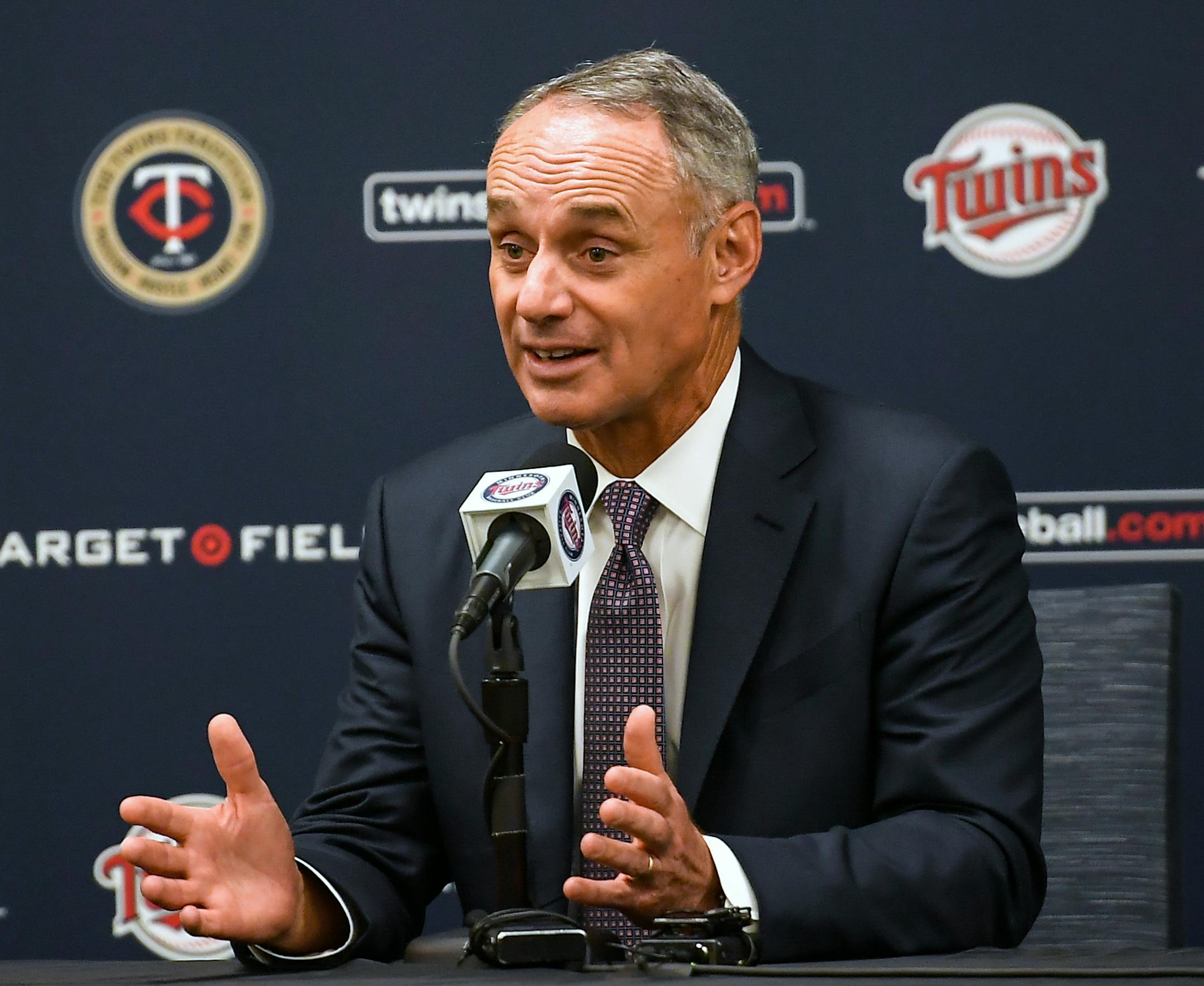 Major League Baseball Commissioner Rob Manfred spoke to the media Friday, May 5, 2017 at Target Field in Minneapolis, Minn. ] AARON LAVINSKY ï aaron.lavinsky@startribune.com Major League Baseball Commissioner Rob Manfred spoke to the media Friday, May 5, 2017 at Target Field in Minneapolis, Minn.