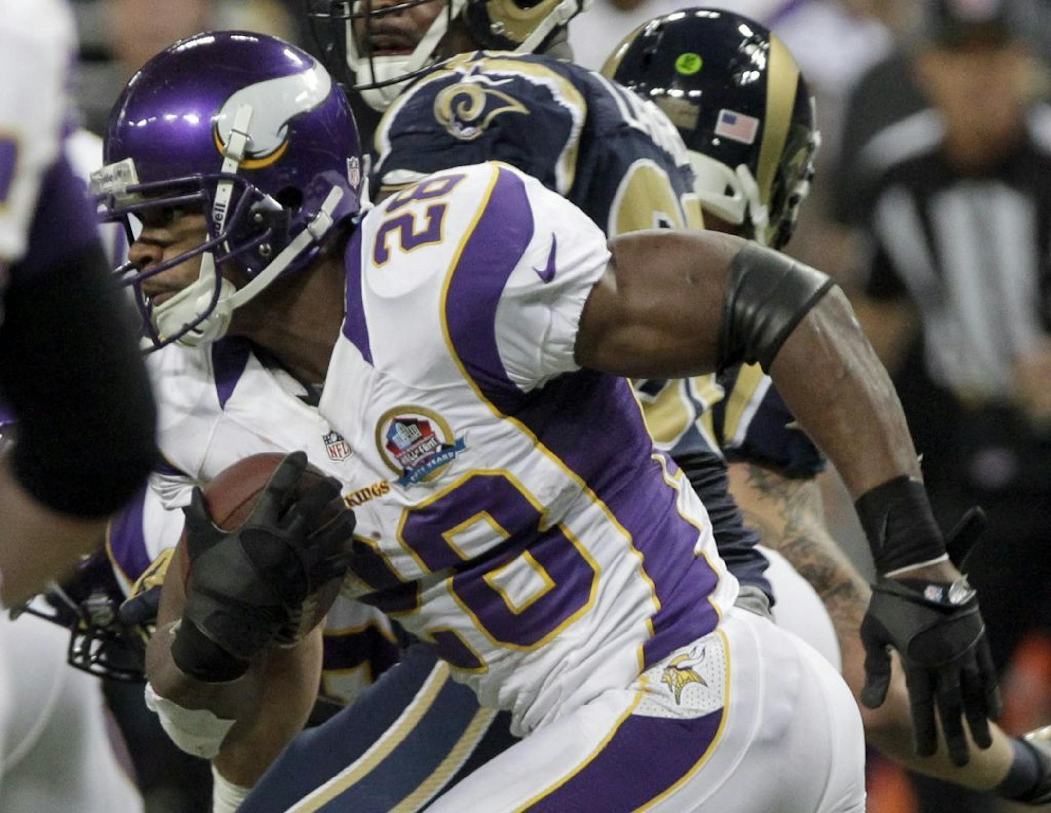 Vikings running back Adrian Peterson rushed for a season-best 212 yards in 24 carries against the Rams on Sunday.