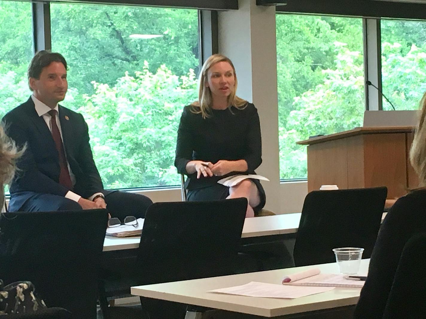 U.S. Rep. Dean Phillips addressed leaders of Minnesota foundations June 24 at Cargill in Wayzata and answered questions from Katie Clark Sieben of the Cargill Foundation.