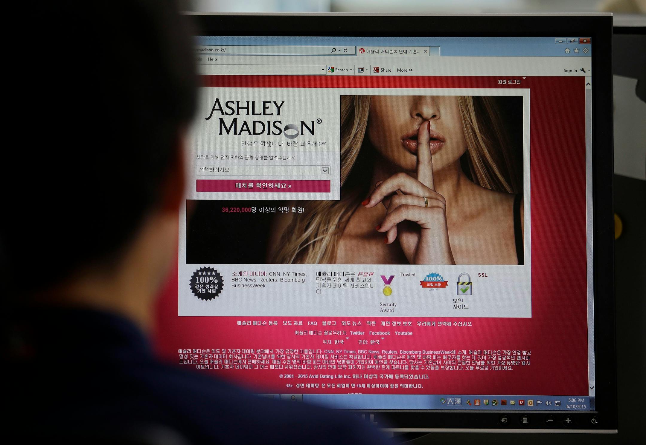 In this June 10, 2015 photo, Ashley Madison's Korean web site is shown on a computer screen in Seoul, South Korea. The Ashley Madison cheating website is making a lucrative, controversial splash in South Korea in the wake of a landmark ruling earlier this year that decriminalizes adultery. So great is the interest here that company executives expect it to be a top-three market globally for them in five years, after the United States and Canada. (AP Photo/Lee Jin-man)