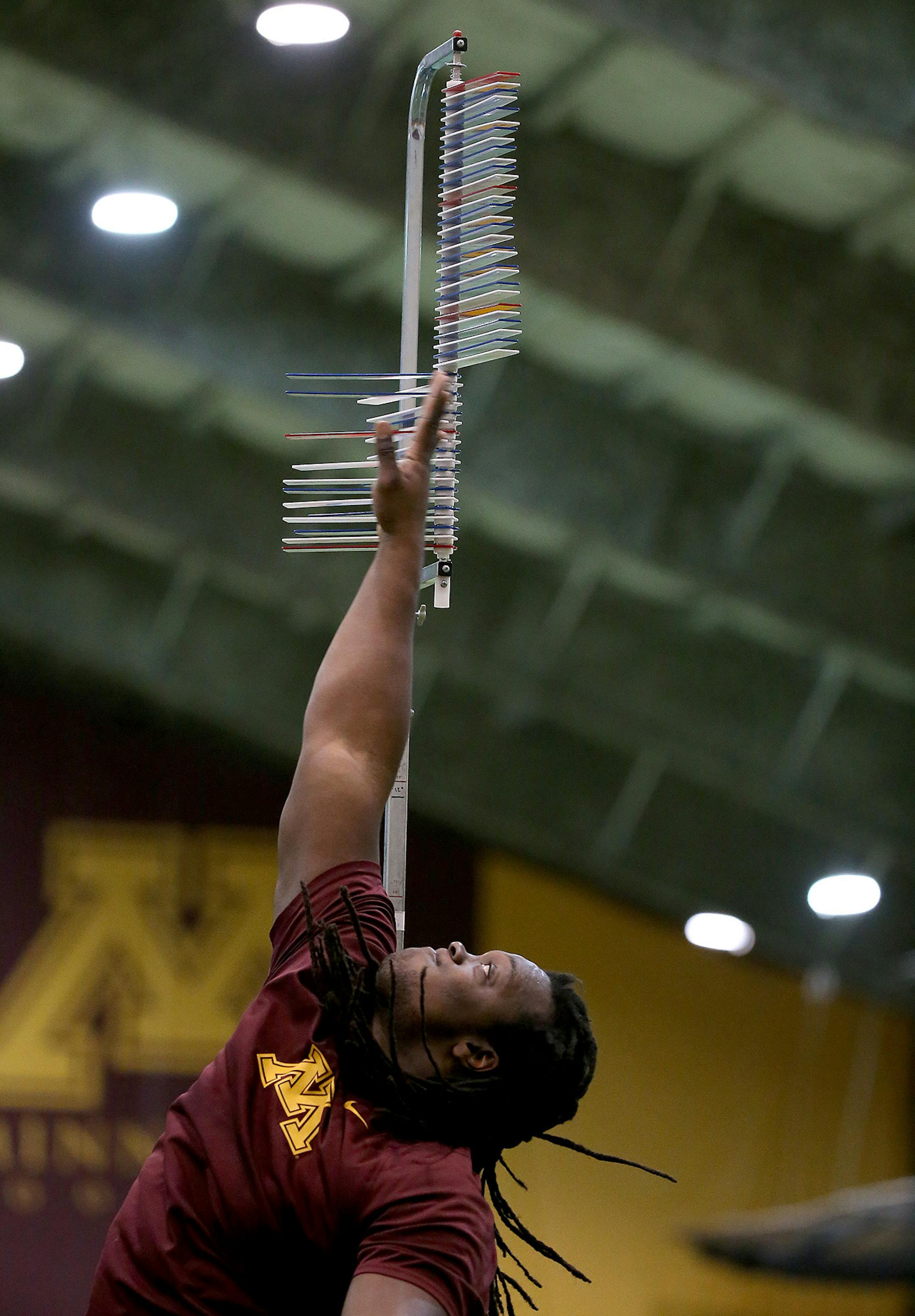 Minnesota's Harold Legania was tested on his jumping abilities before NFL scouts during Pro Day at the Nagurski building on campus, Monday, March 2, 2015. ] (ELIZABETH FLORES/STAR TRIBUNE) ELIZABETH FLORES � eflores@startribune.com