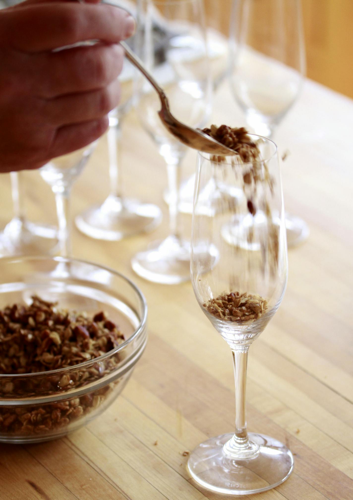 Baking Central - Lemon Lush -in progress shots - the parfait like layers starts withg roasted nuts ] Tom Sweenet, March 18, 2015, Edina, MN