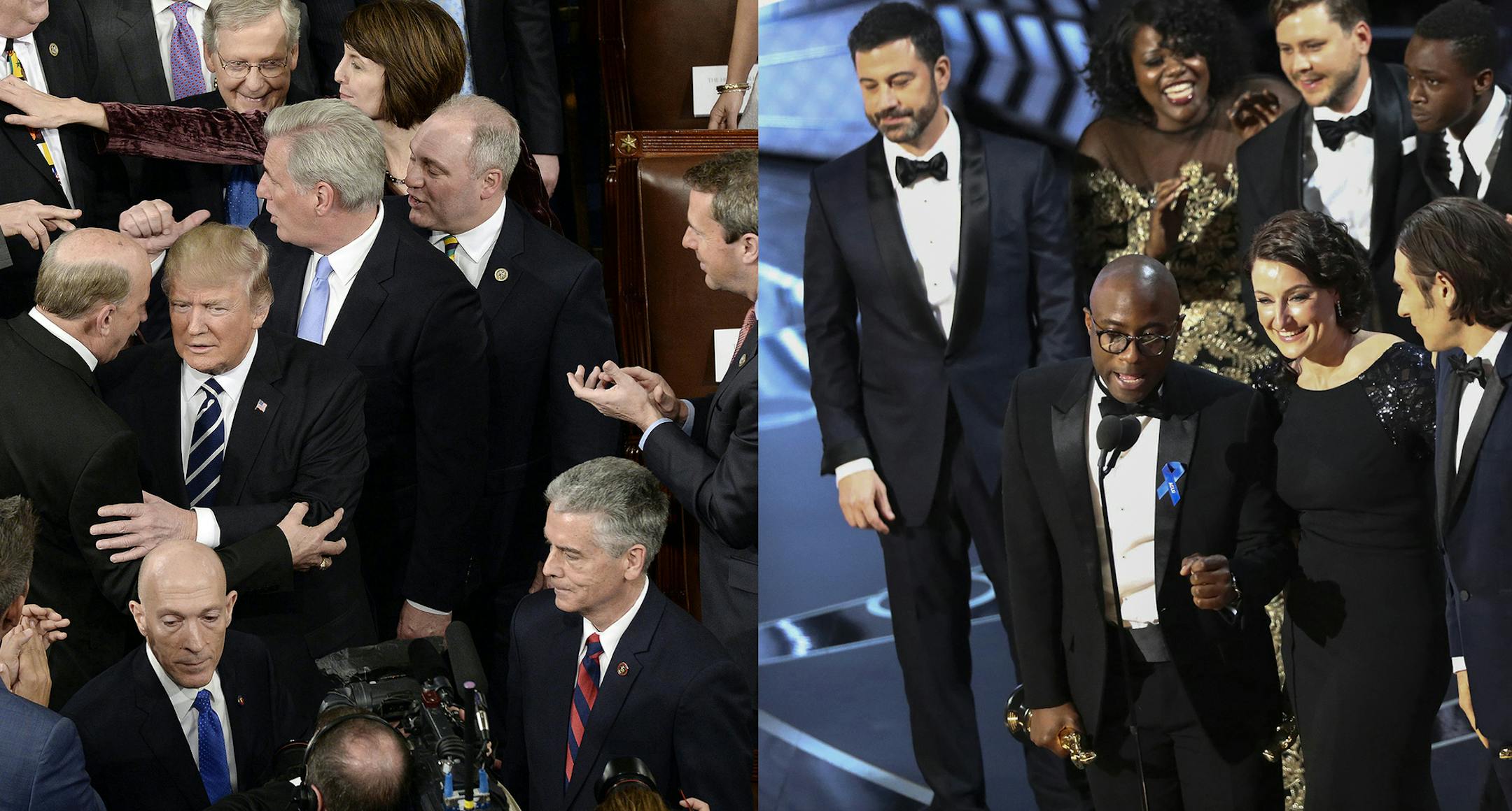 U.S. President Donald J. Trump prepares to deliver his first address to a joint session of Congress on Tuesday, Feb. 28, 2017 at the Capitol in Washington, D.C. (Olivier Douliery/Abaca Press/TNS) ORG XMIT: 1198238
Barry Jenkins and the cast and crew of "Moonlight" celebrate after winning the Oscar for Best Picture during the 89th Academy Awards at the Dolby Theatre in Los Angeles, Feb. 26, 2017. The film "La La Land" was incorrectly announced as the winner. (Patrick T. Fallon/The New York Times)