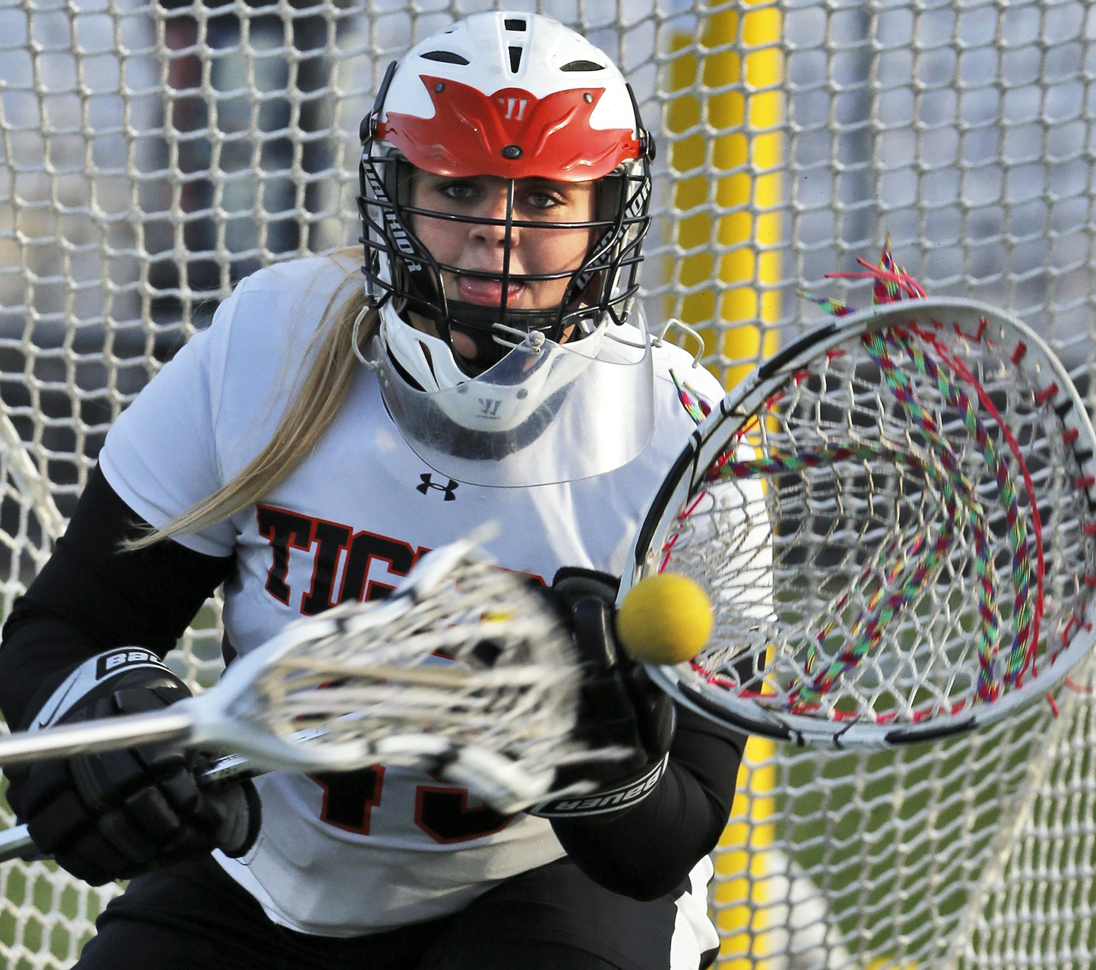 Goalie Maddie Kohlbeck - a member of the Farmington girls lacrosse team during a recent game against Rosemount. ] (MARLIN LEVISON/STARTRIBUNE(mlevison@startribune.com)