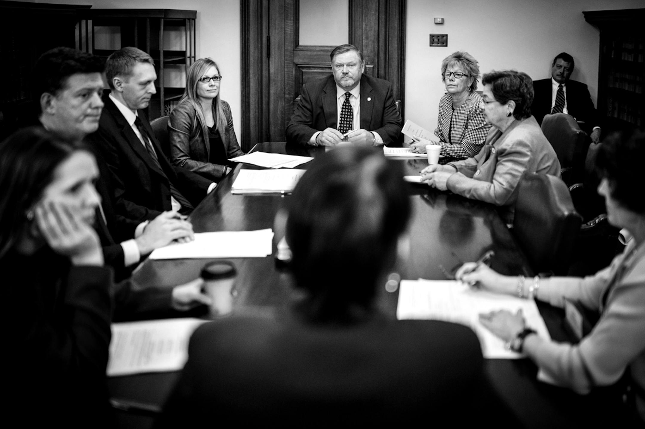 Senate Majority Leader Tom Bakk led a morning pre session staff meeting with Senate President Sandra Pappas, center, Assistant Majority Leader Katie Sieben, left as well as non-partisan Senate staffers. ] GLEN STUBBE * gstubbe@startribune.com Monday, March 31, 2014.