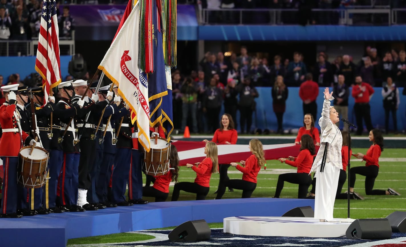 Pink sang the national anthem before the start of Super Bowl LII.