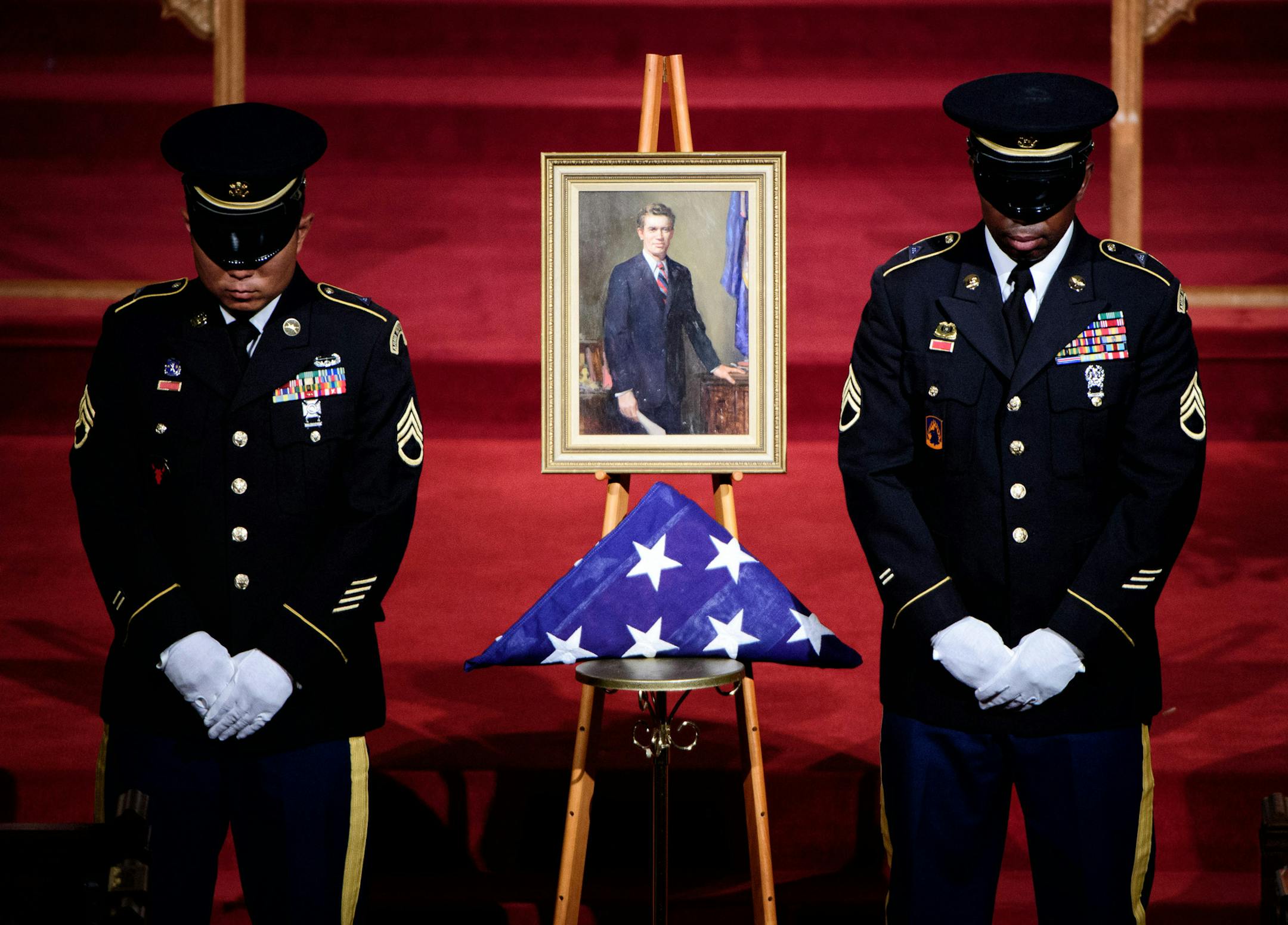 Members of the Minnesota National Guard Honor Guard stand watch at the visitation for former Gov. Wendell Anderson's funeral Monday, Aug. 15, at Mount Olivet Lutheran Church in Minneapolis.