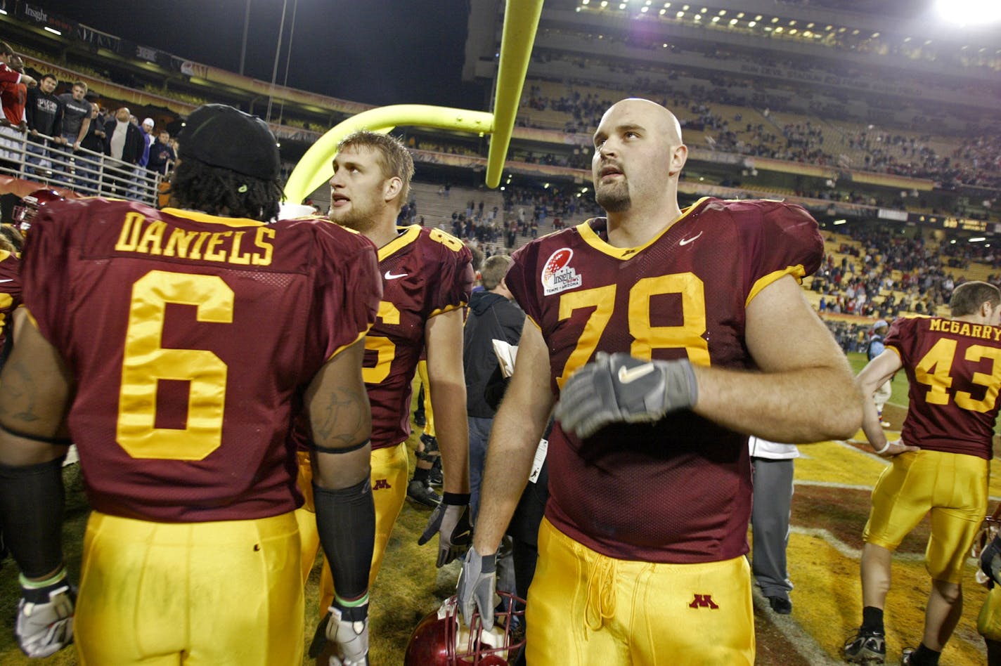 MARLIN LEVISON *mlevison@startribune.com 12/29/06 Assign# 107906- Minnesota Gophers vs. Texas Tech in Insight Bowl. Gophers lead at half time 35-7. Texas Tech wins in overtime 44-41. IN THIS PHOTO: Gophers players staqnd around under the goal post in disbelief as they watch the replay of the winning touchdown on the stadium's big screen.