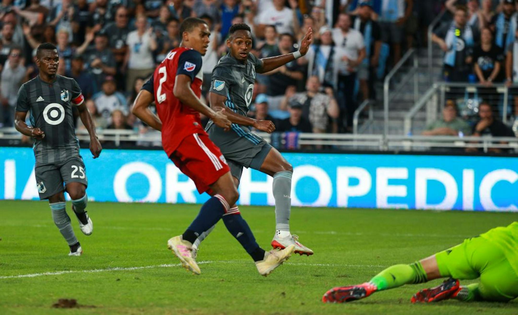 Minnesota FC forward Mason Toye (23) scores the game's only goal in stoppage time. ALEX KORMANN ¥ alex.kormann@startribune.com The Minnesota United FC took on FC Dalls on Saturday July 13, 2019 at Allianz Field in St. Paul, MN.