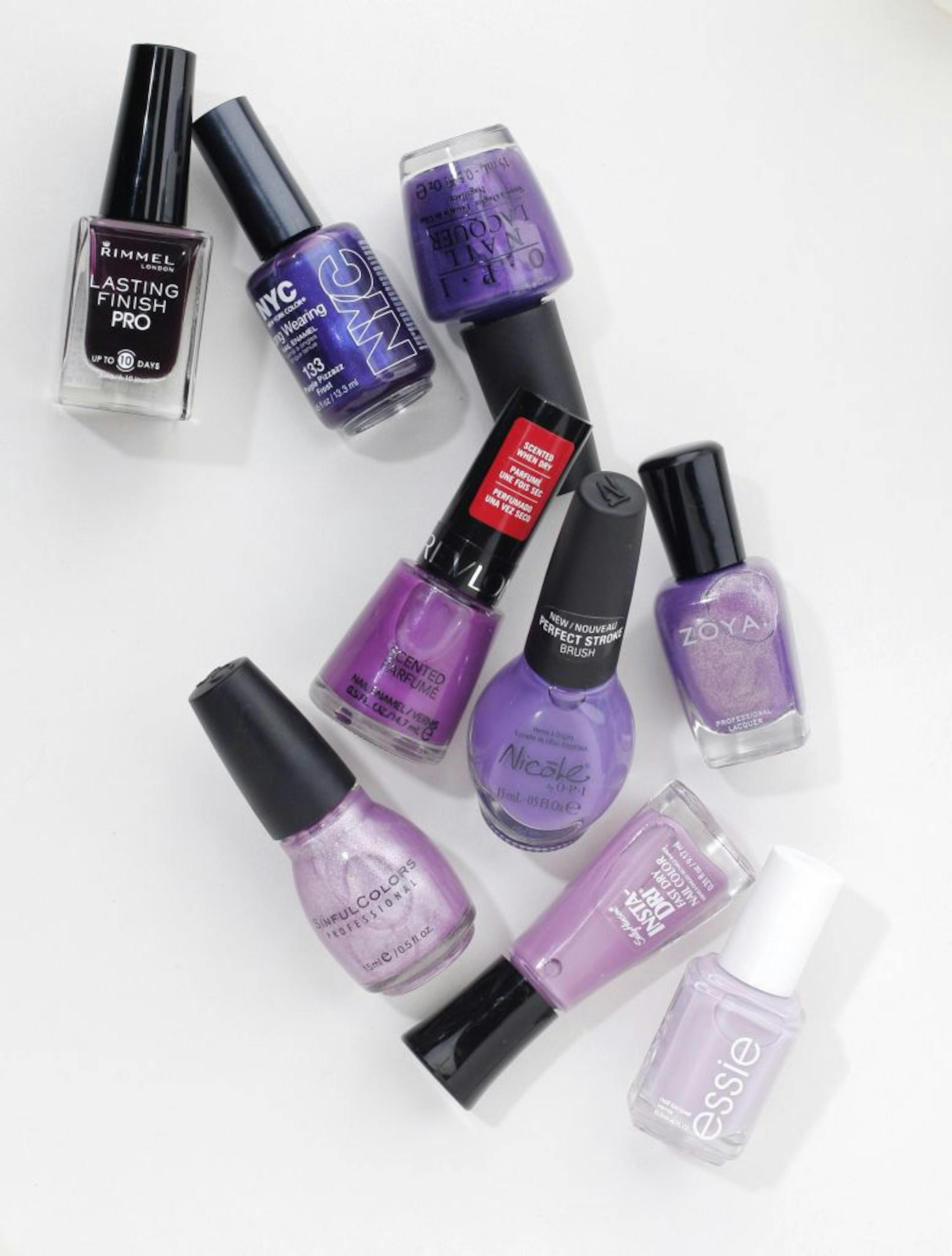 Purple is the nail shade this summer. Here are a few purple nail polishes from (top to bottom, left to right) Rimmel, NYC, OPI, Revlon, Nicole by OPI, Zoya, Sinful Colors, Sally Hansen and Essie.