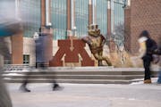 Pictured here: Students pass a statue of Goldy the gopher and the university’s logo during a class change Thursday, Jan. 18, 2024, at the University