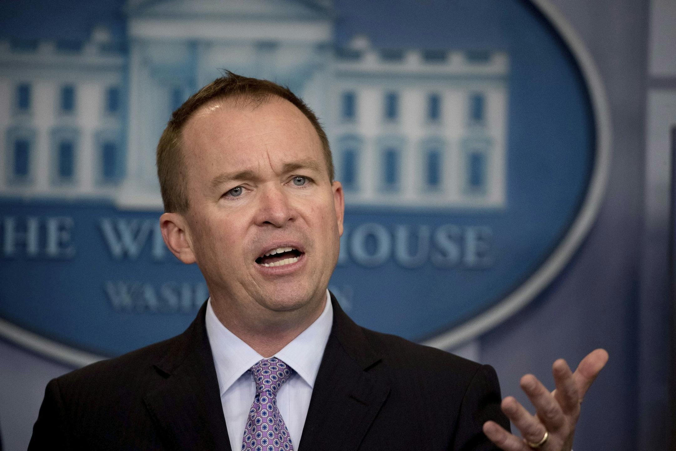 Budget Director Mick Mulvaney speak to the media about President Donald Trump's proposed fiscal 2018 federal budget in the Press Briefing Room of the White House in Washington, Tuesday, May 23, 2017. (AP Photo/Andrew Harnik)