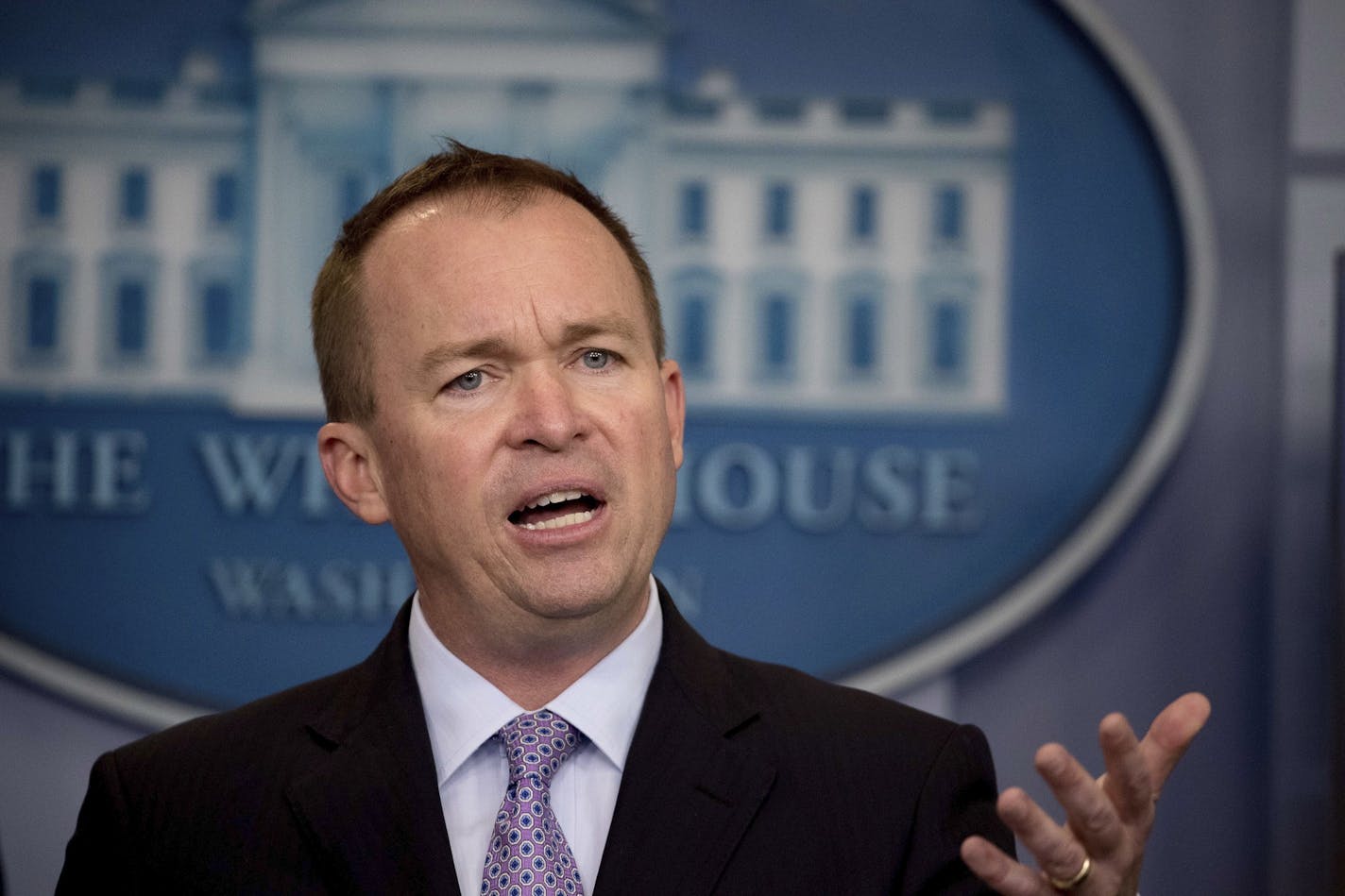 Budget Director Mick Mulvaney speak to the media about President Donald Trump's proposed fiscal 2018 federal budget in the Press Briefing Room of the White House in Washington, Tuesday, May 23, 2017. (AP Photo/Andrew Harnik)