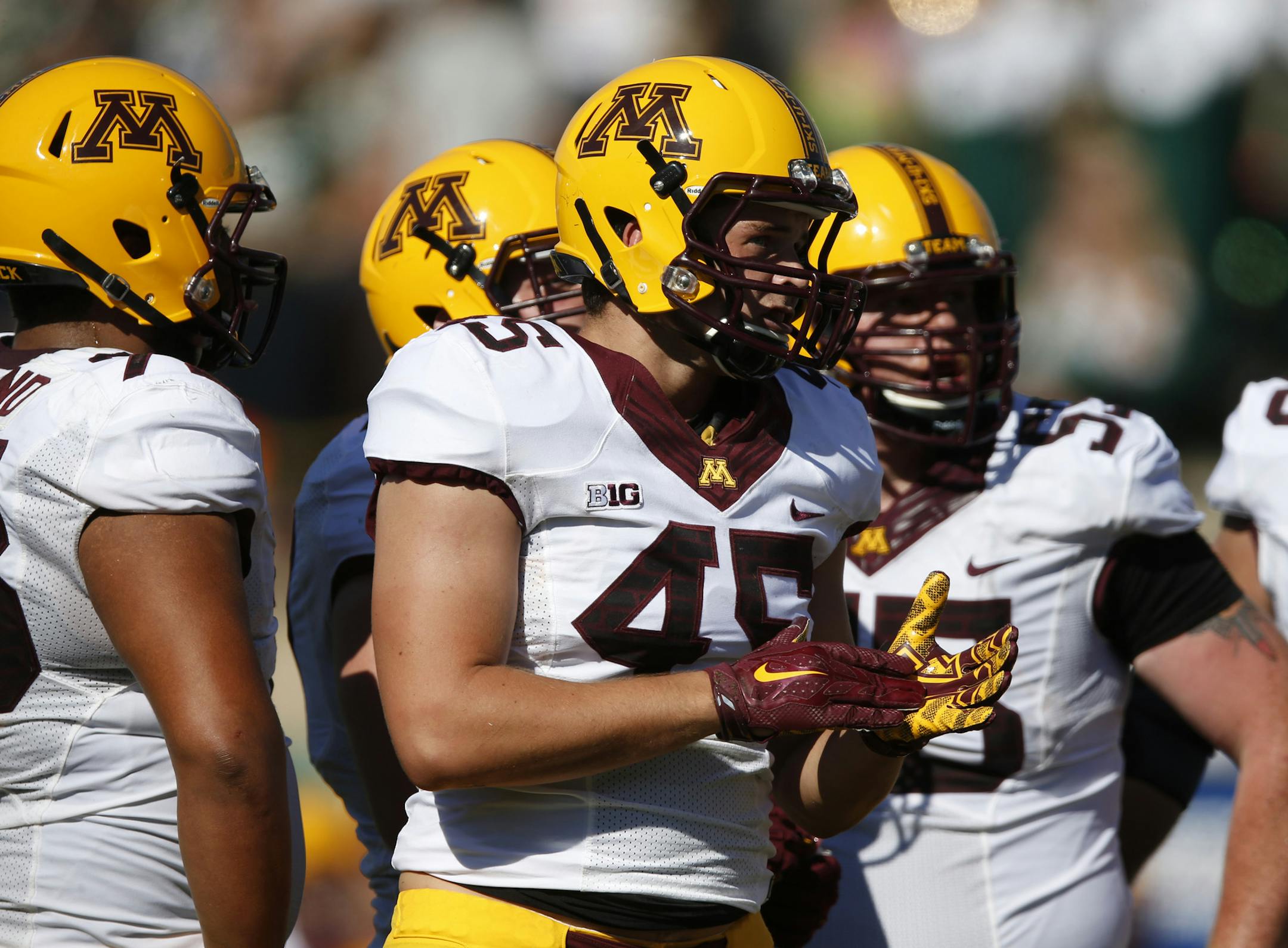 Minnesota Golden Gophers tight end Nick Hart (45) talks int he huddle while facing the Colorado State Rams in the third quarter of an NCAA college football game Saturday, Sept. 12, 2015, in Fort Collins, Colo. Minnesota won 23-20 in overtime. (AP Photo/David Zalubowski)