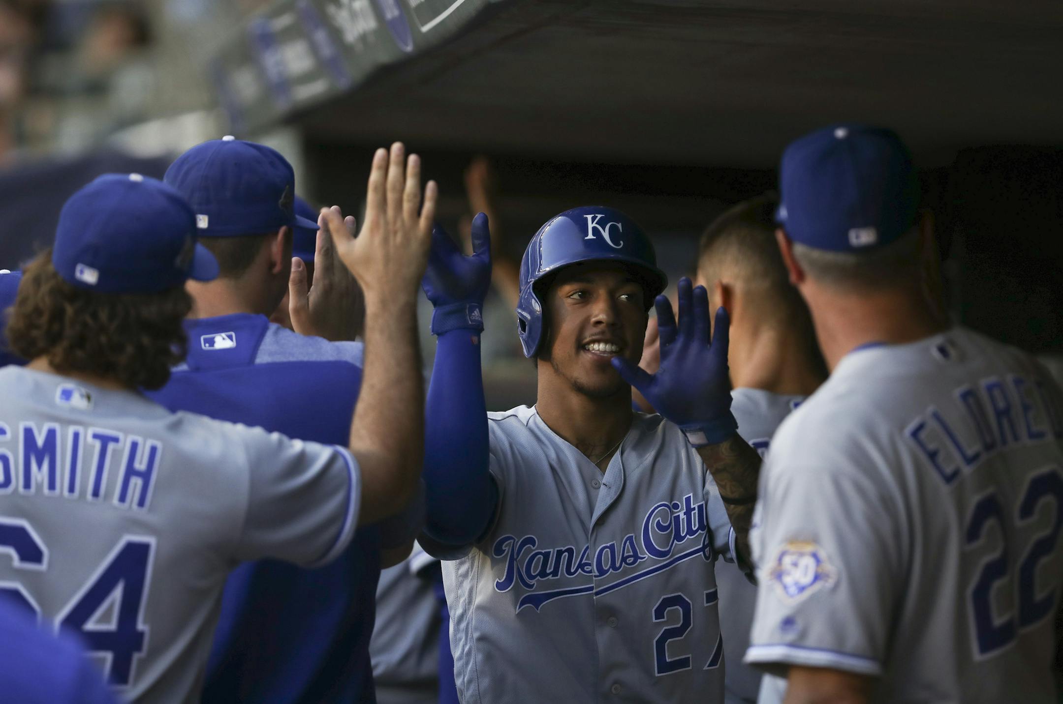 The Kansas City Royals' Adalberto Mondesi is congratulated in the dugout after his three-run home run in the second inning against the Minnesota Twins on Tuesday, July 10, 2018, at Target Field in Minneapolis. (Jeff Wheeler/Minneapolis Star Tribune/TNS)