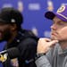 Vikings GM Kwesi Adofo-Mensah, left, and coach Kevin O’Connell need to be able to live with giving up any quarterbacks they leave on the table in th