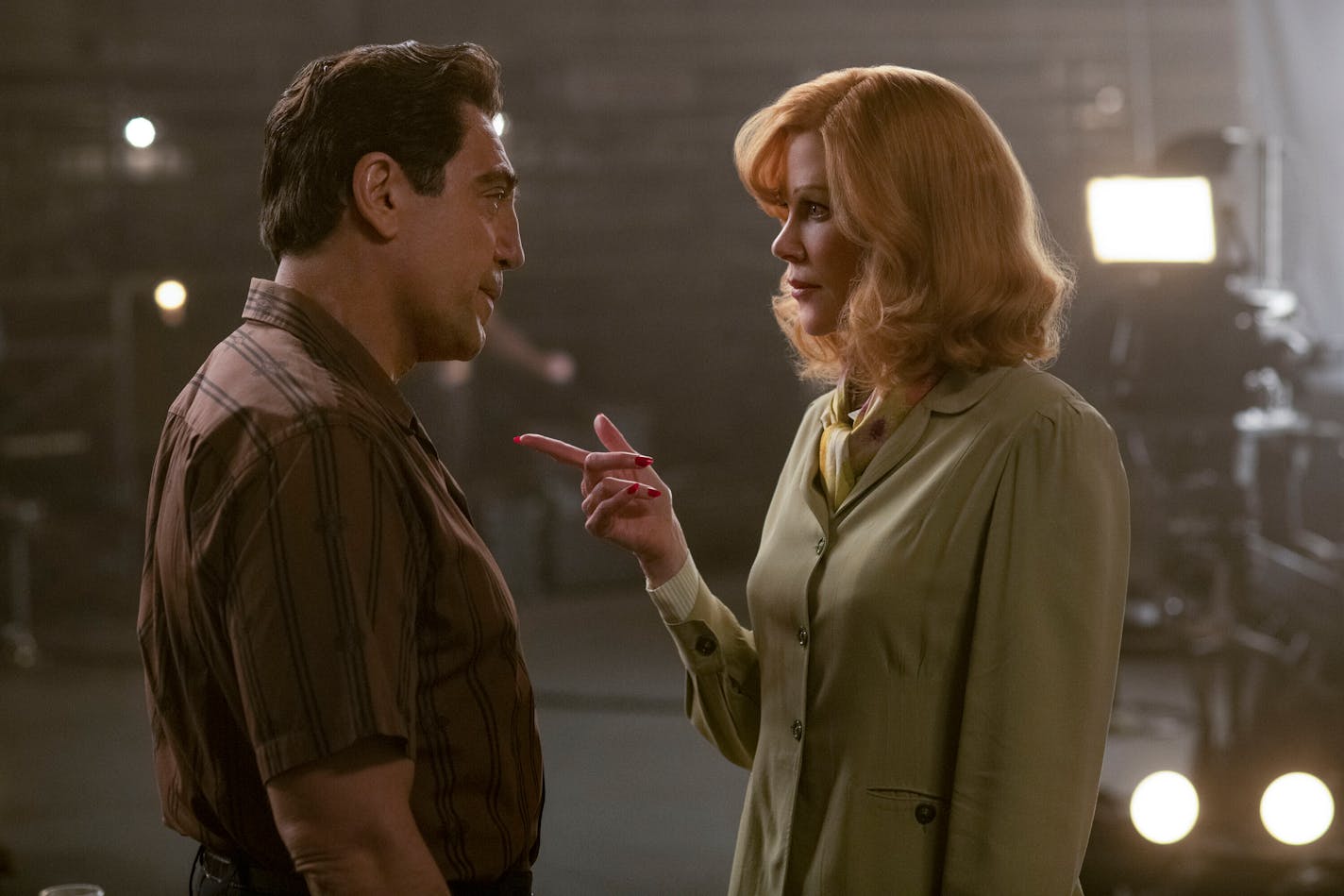 This image released by Amazon shows Nicole Kidman as Lucille Ball, right, and Javier Bardem as Desi Arnaz in a scene from "Being the Ricardos." (Glen Wilson/Amazon via AP)