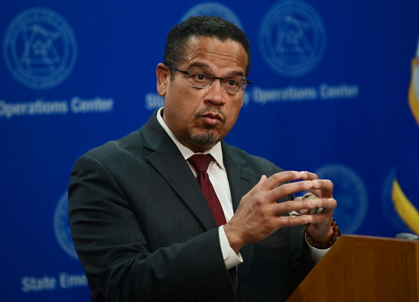 Minnesota Attorney General Keith Ellison answers questions about the investigation into the death of George Floyd, who died Monday while in the custody of Minneapolis police officers, during a news conference in St. Paul, Wednesday, May 27, 2020.