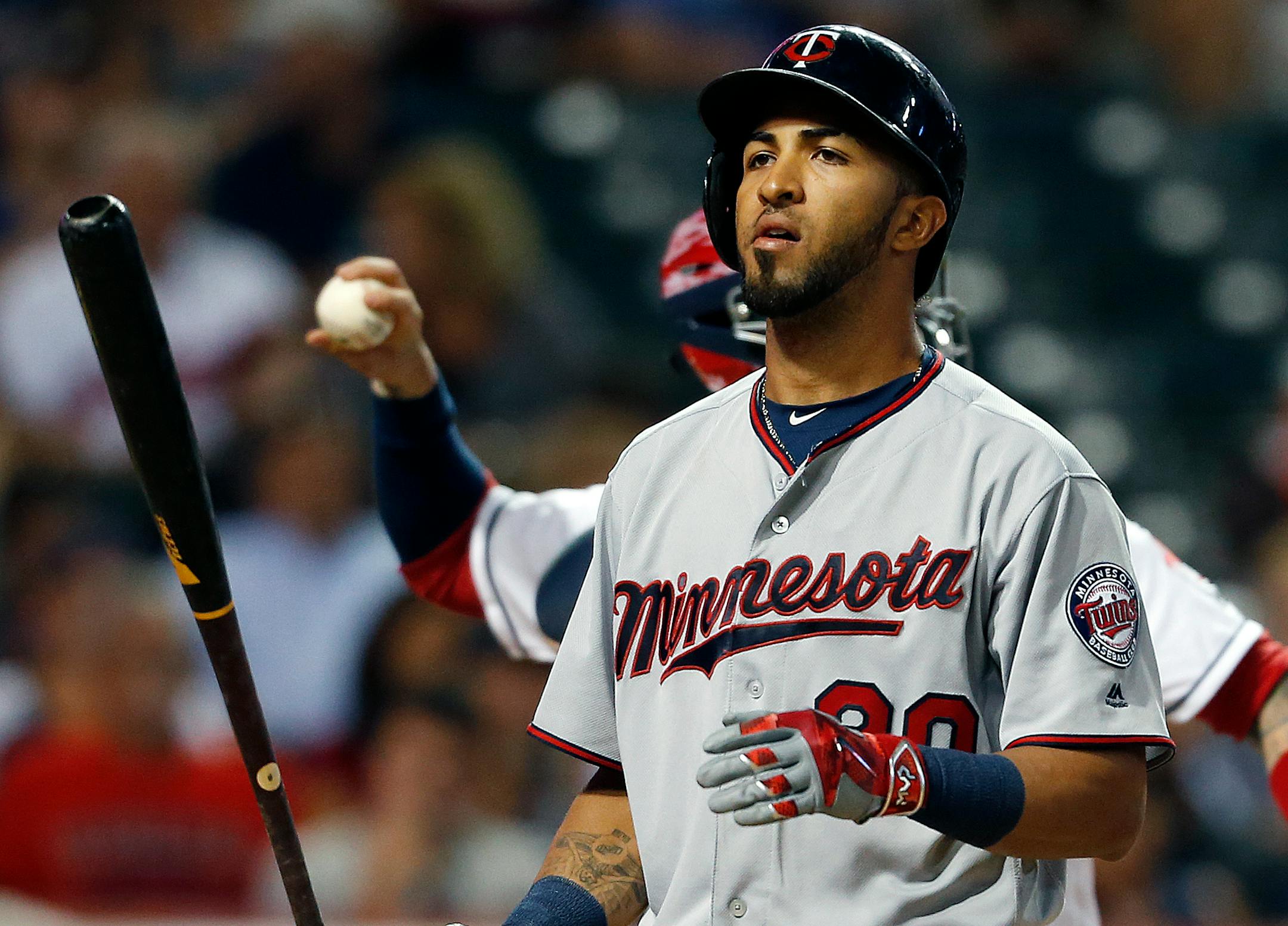 The Twins' Eddie Rosario reacted after striking out against Cleveland's Andrew Miller in the seventh inning Monday. The Twins lost 1-0 in 10 innings, and their losing streak reached 11 games.