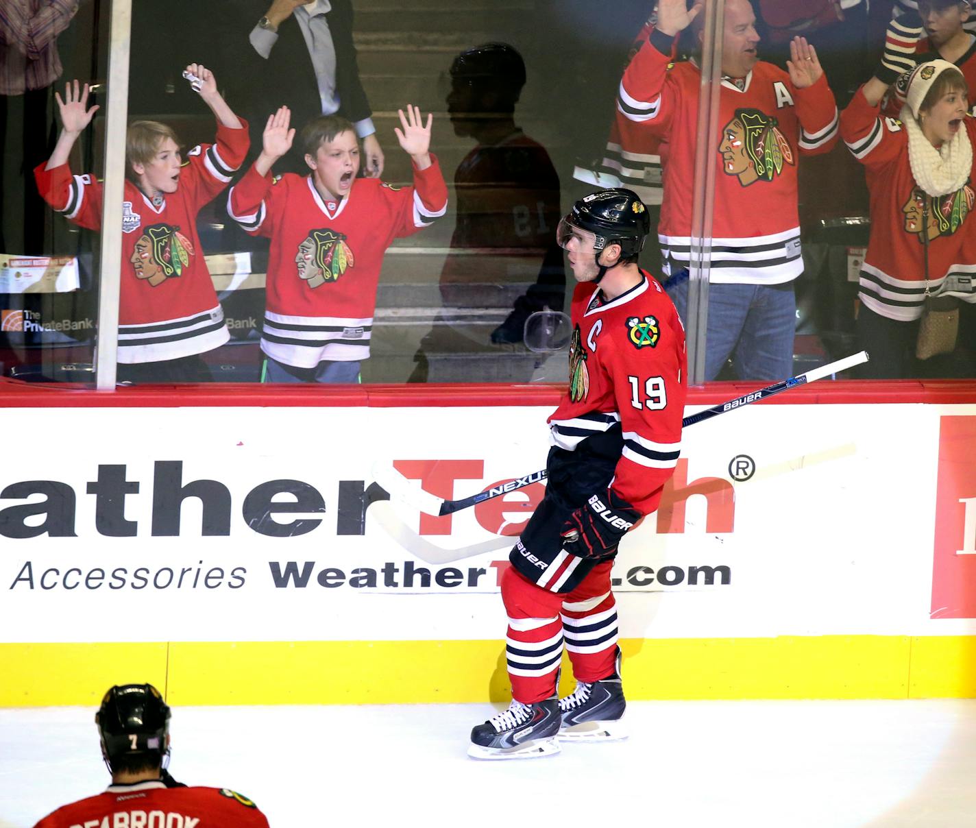 Chicago Blackhawks center Jonathan Toews (19) celebrates his game-winning goal against the Anaheim Ducks during overtime on Monday, Oct. 26, 2015, at the United Center in Chicago.