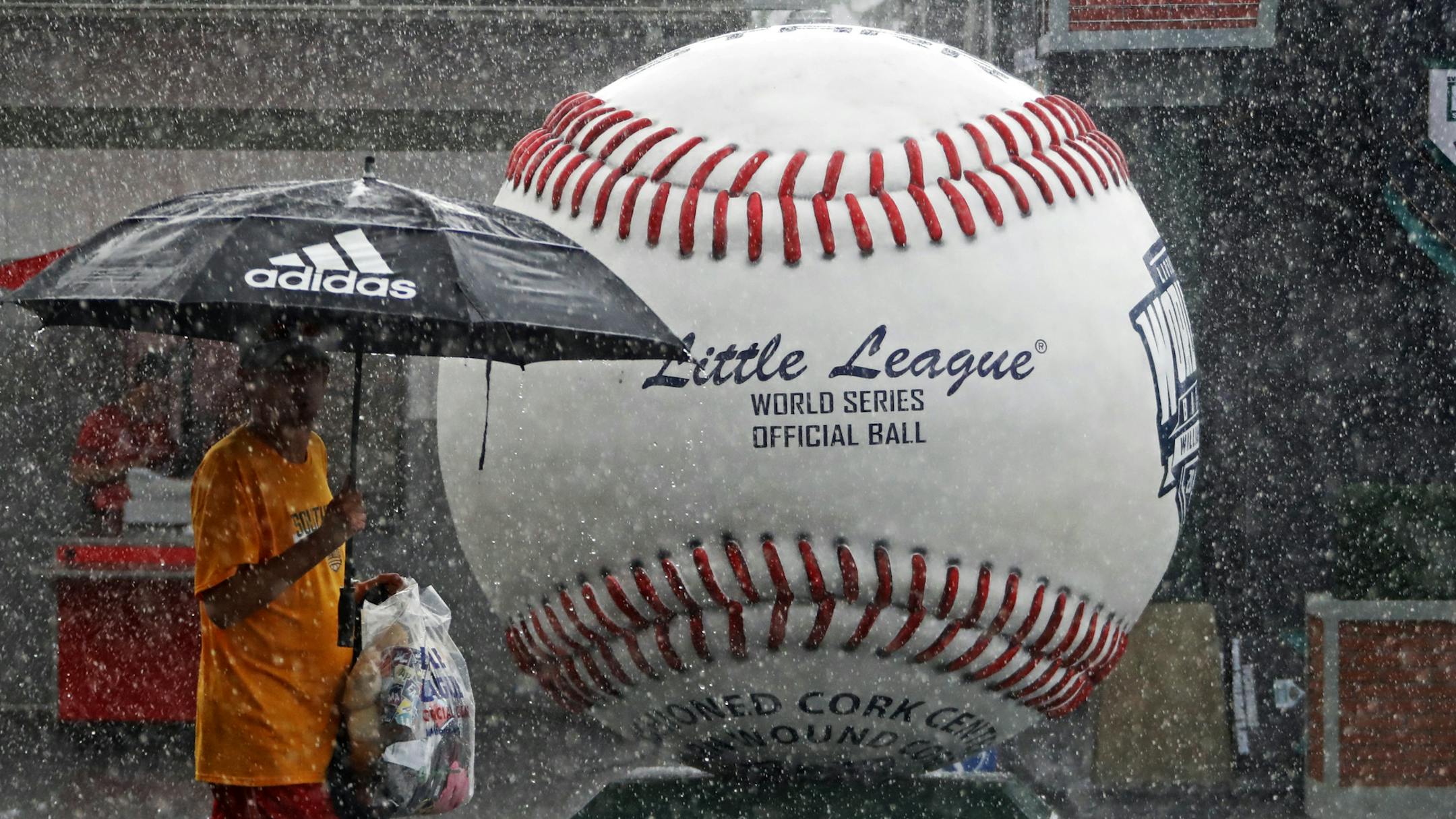 Rain falls during a delay in the action at the Little League World Series tournament in South Williamsport, Pa., Thursday, Aug. 15, 2019. (AP Photo/Gene J. Puskar)