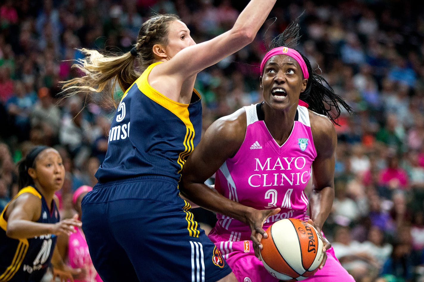 Minnesota Lynx center Sylvia Fowles (34) looks to shoot against the Indiana Fever's Jennifer Hamson (5) during the first half on Friday, Aug. 18, 2017, at Xcel Energy Center in St. Paul, Minn. The Lynx won, 111-52. (Courtney Pedroza/Minneapolis Star Tribune/TNS) ORG XMIT: MIN2017082311072008