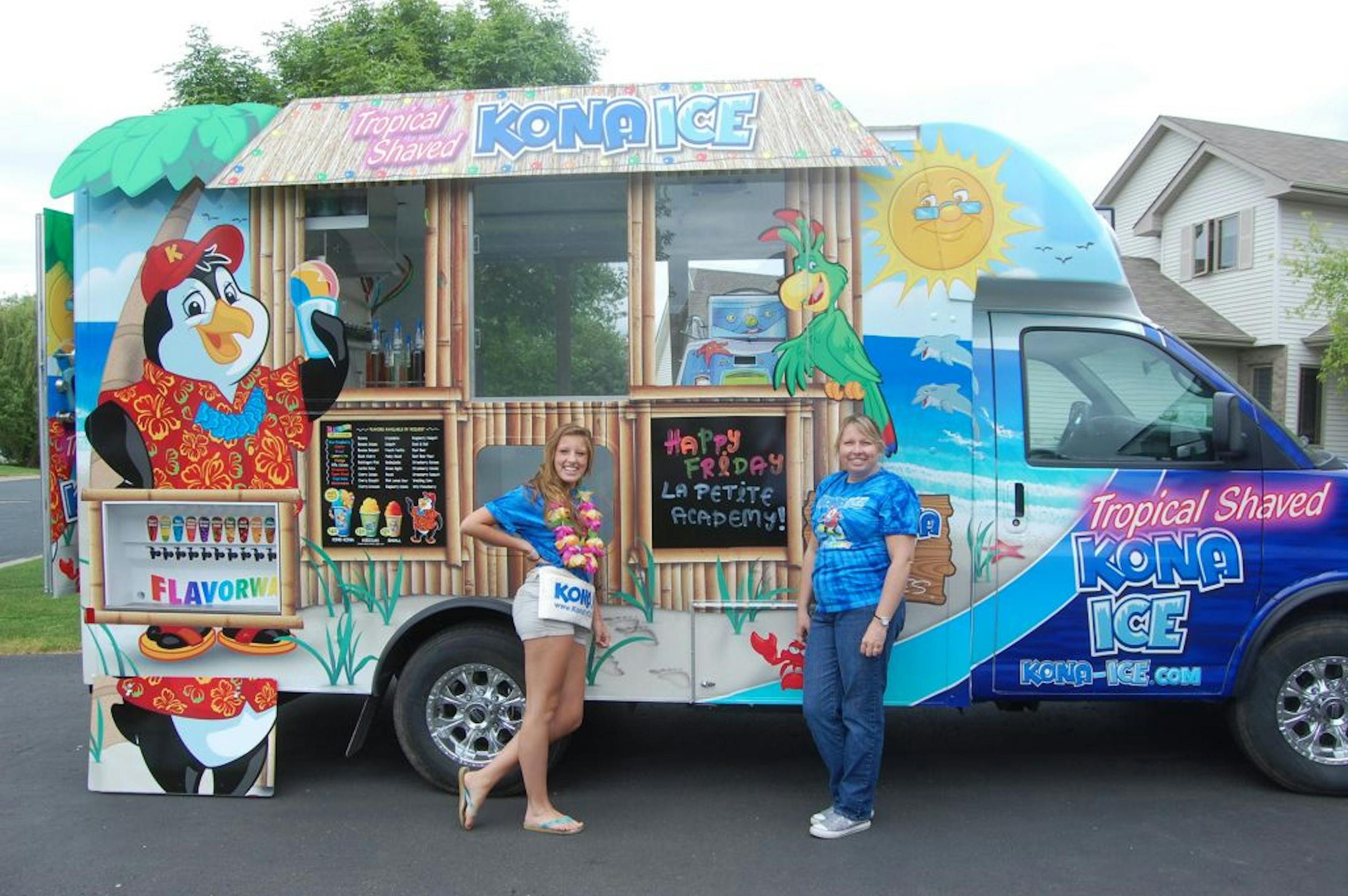 Patty Bremer, a former accounting director for Boston Scientific, who lost her job to consolidation and invested about $100,000 in a Kona Ice franchise. Bremer is pictured with her daughter Haley (left), who assists, and the truck.