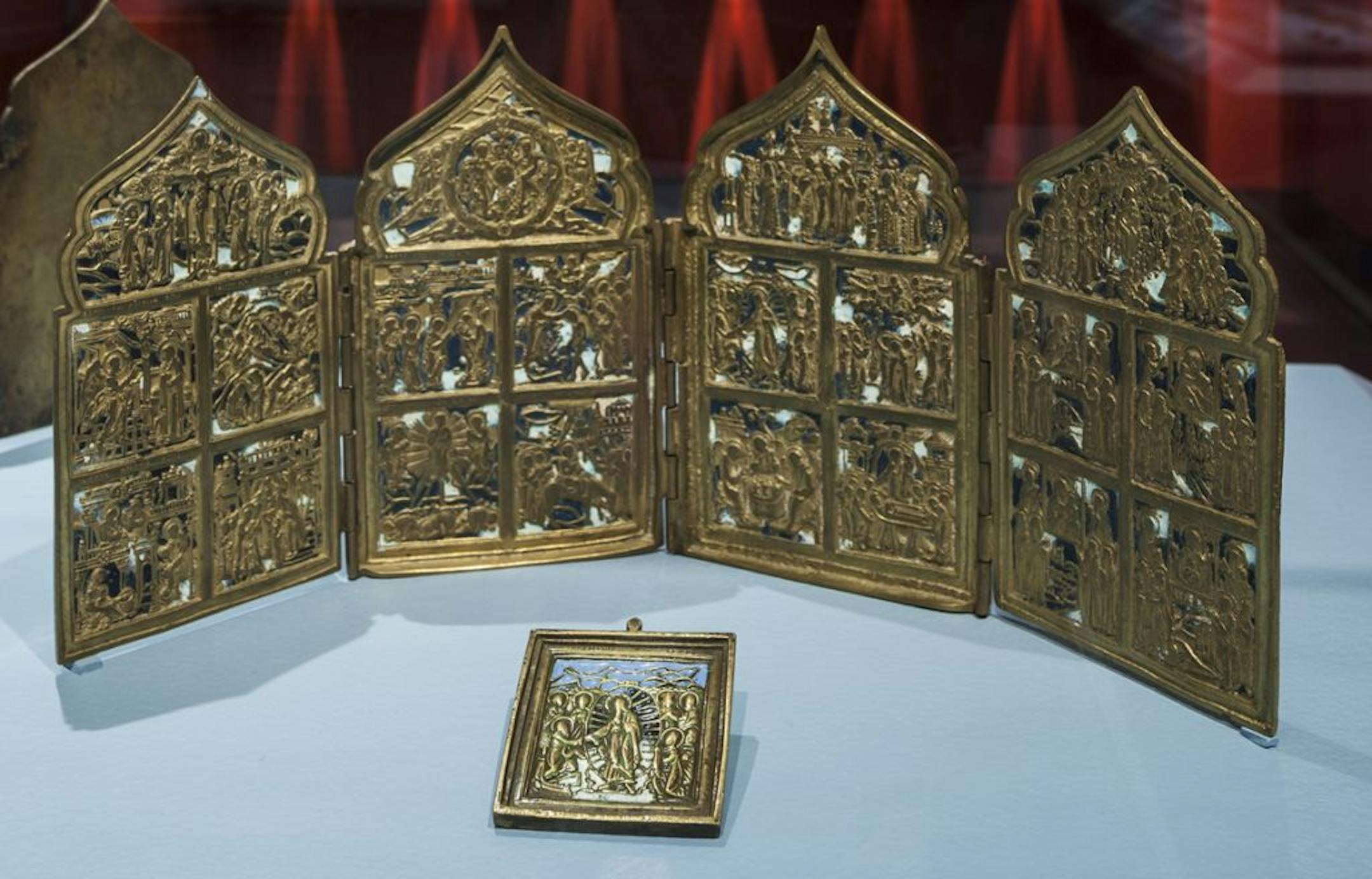 Hinged like a little book, the folding icon recounts scenes from Christ's life in 16 square panels and dome-like crests. The "Cast Icons: Preserving Sacred Traditions" exhibit at the Museum of Russian Art ends Jan. 20.