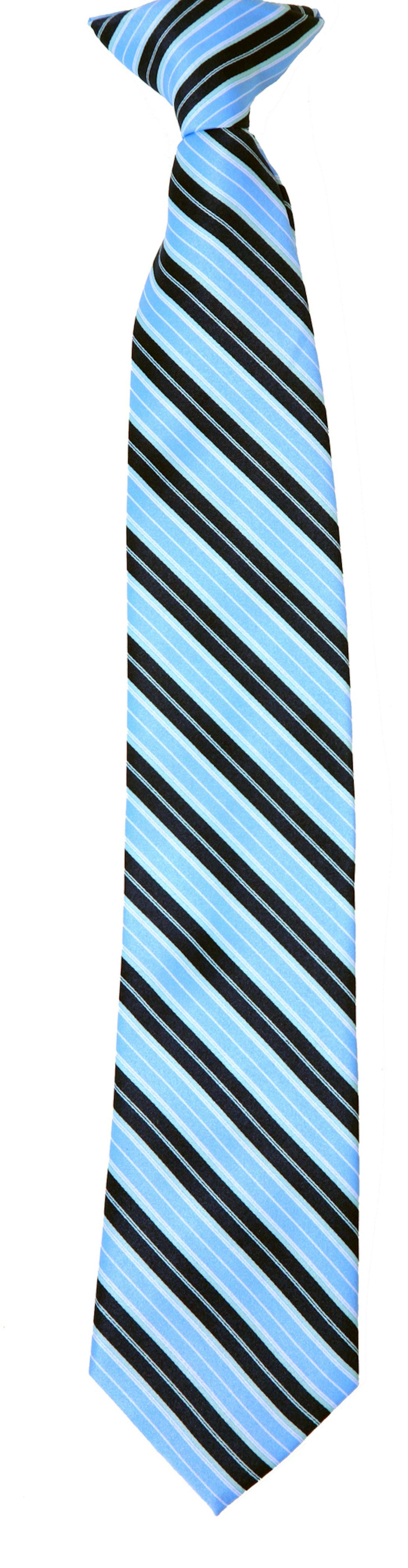 Blue and black striped clip-on necktie isolated on a white background