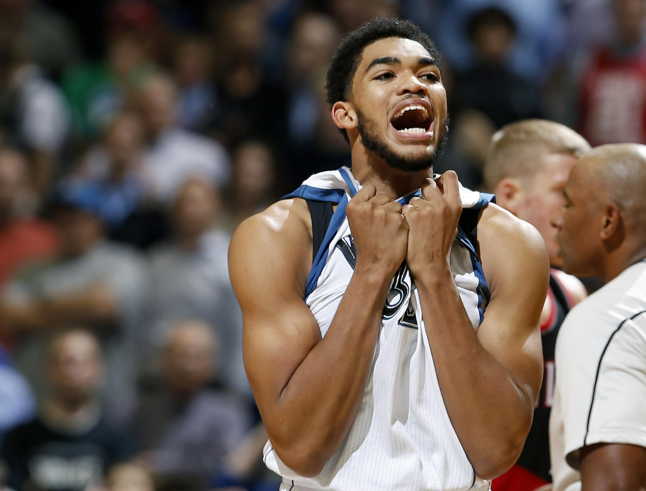 Wolves center Karl-Anthony Towns reacted after being called for a foul on a jump ball in the final minute of Monday's loss to Portland.