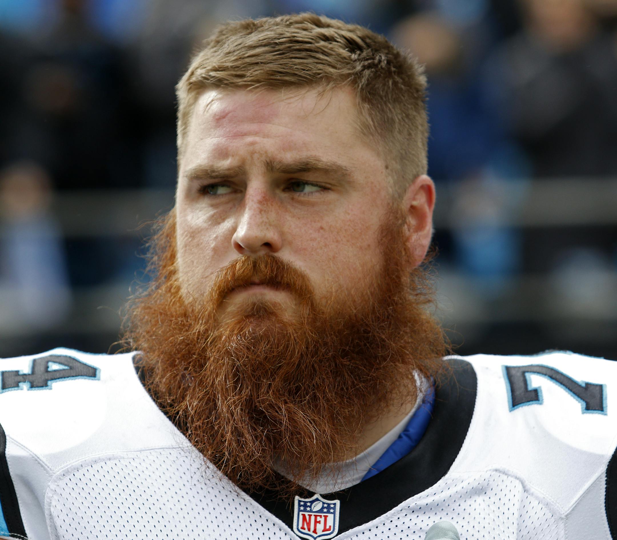 The Carolina Panthers' Mike Remmers (74) on the sidelines during the first half of an NFL divisional playoff football game against the Seattle Seahawks, Sunday, Jan. 17, 2016, in Charlotte, N.C. The Panthers won 31-24. (AP Photo/Bob Leverone)