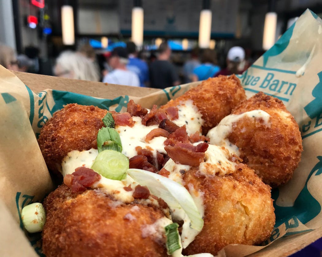 Bacon-Stuffed Tots, Blue Barn, West End Market, $8.95. More like croquettes than Tots (which is a good thing) and the bacon is great. The bacon fat in the sour cream is even better. A guilty pleasure.Photo by Rick NelsonNew food at the Minnesota State Fair 2018
