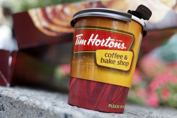 A Tim Hortons' coffee cup is seen in a New York store.