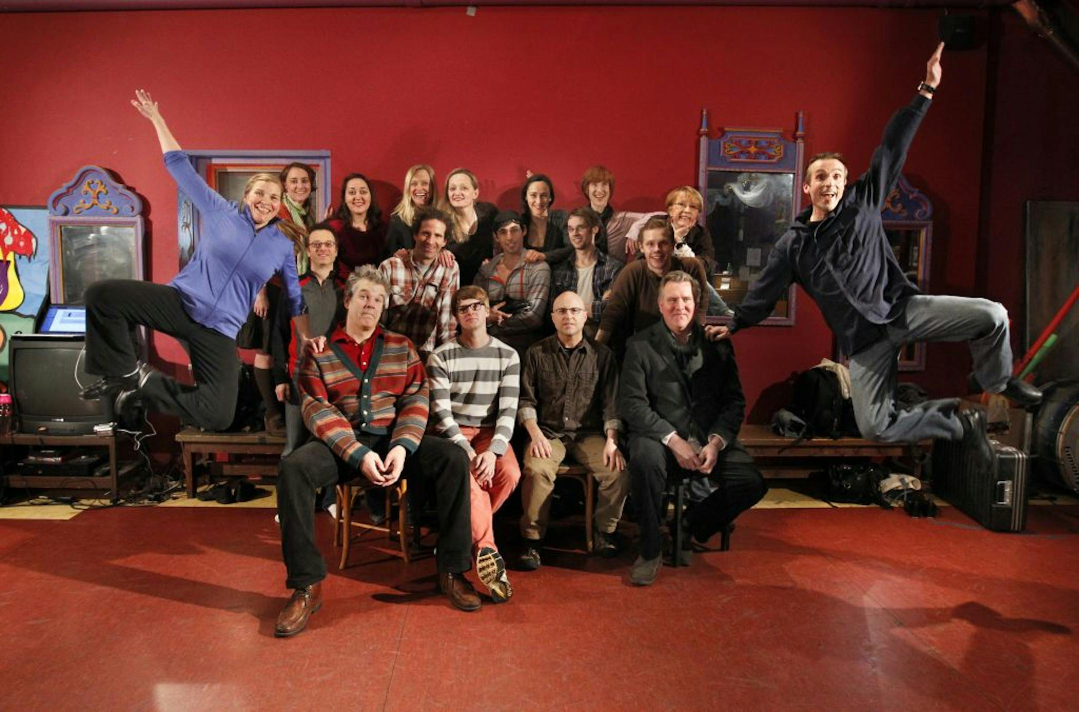 Flying Foot Forum's Joe Chvala, leaping at right, with dancers, choreographers and the New Standards.