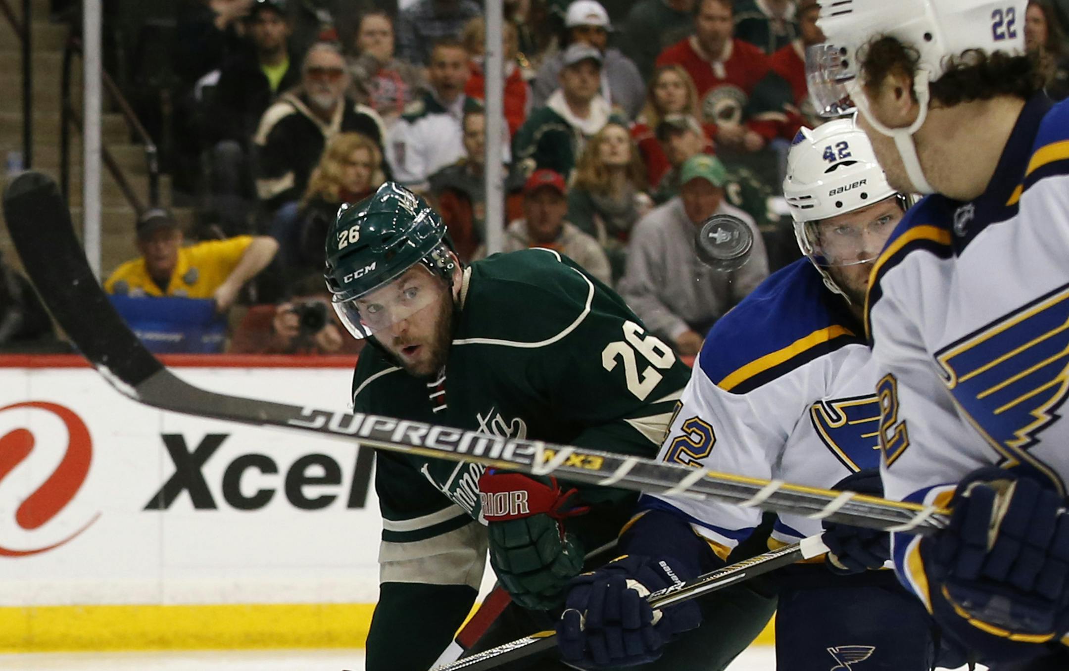 Minnesota Wild left wing Thomas Vanek (26) watched the rebound of the puck in front of the net during the second period. ] CARLOS GONZALEZ cgonzalez@startribune.com, April 22, 2015, St. Paul, Minn., Xcel Energy Center, NHL, Minnesota Wild vs. St. Louis Blues, Game 4, Stanley Cup Playoffs