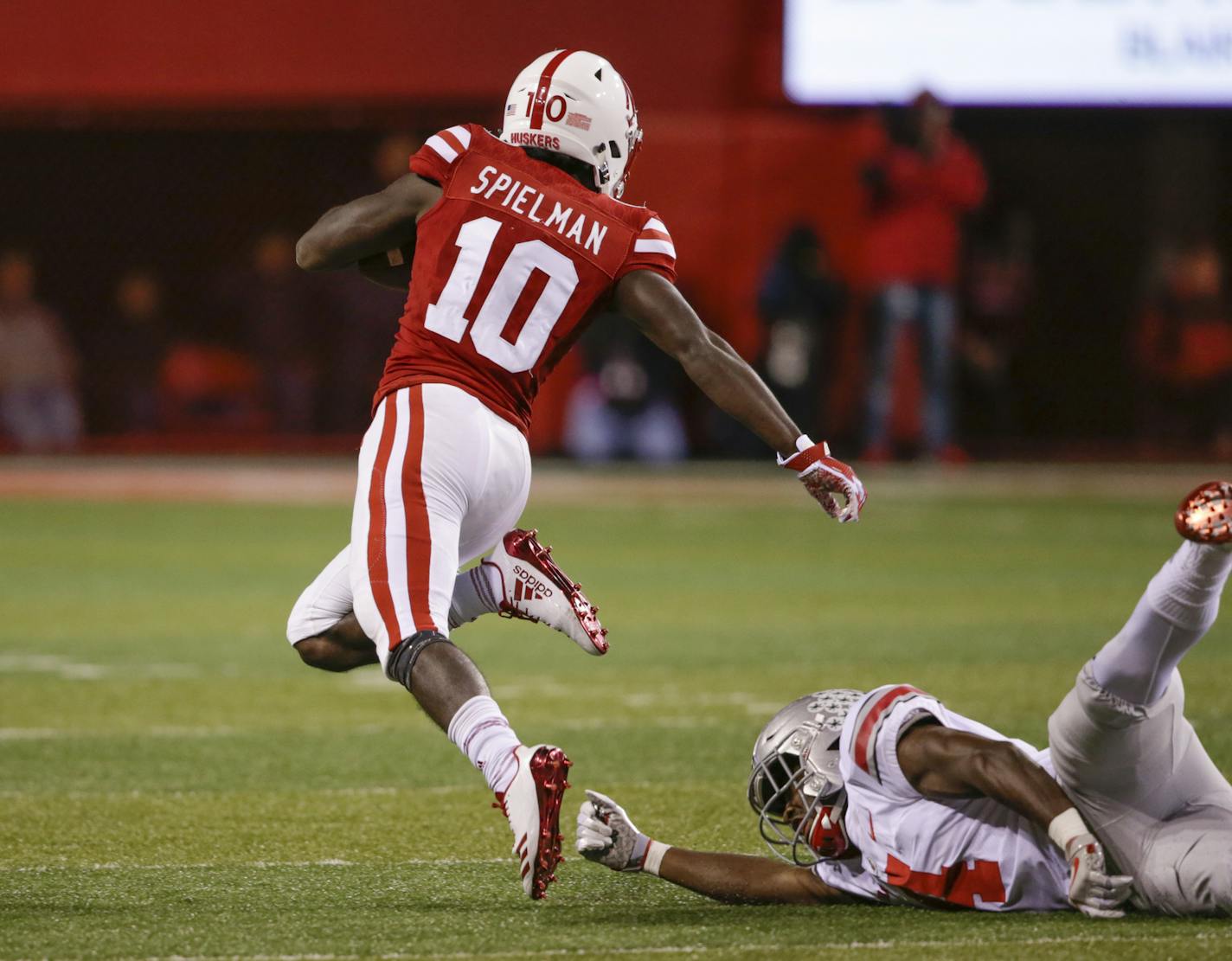 Ohio State's Jordan Fuller (4) trips Nebraska wide receiver JD Spielman (10) before he could reach the end zone, during the first half of an NCAA college football game in Lincoln, Neb., Saturday, Oct. 14, 2017. (AP Photo/Nati Harnik)