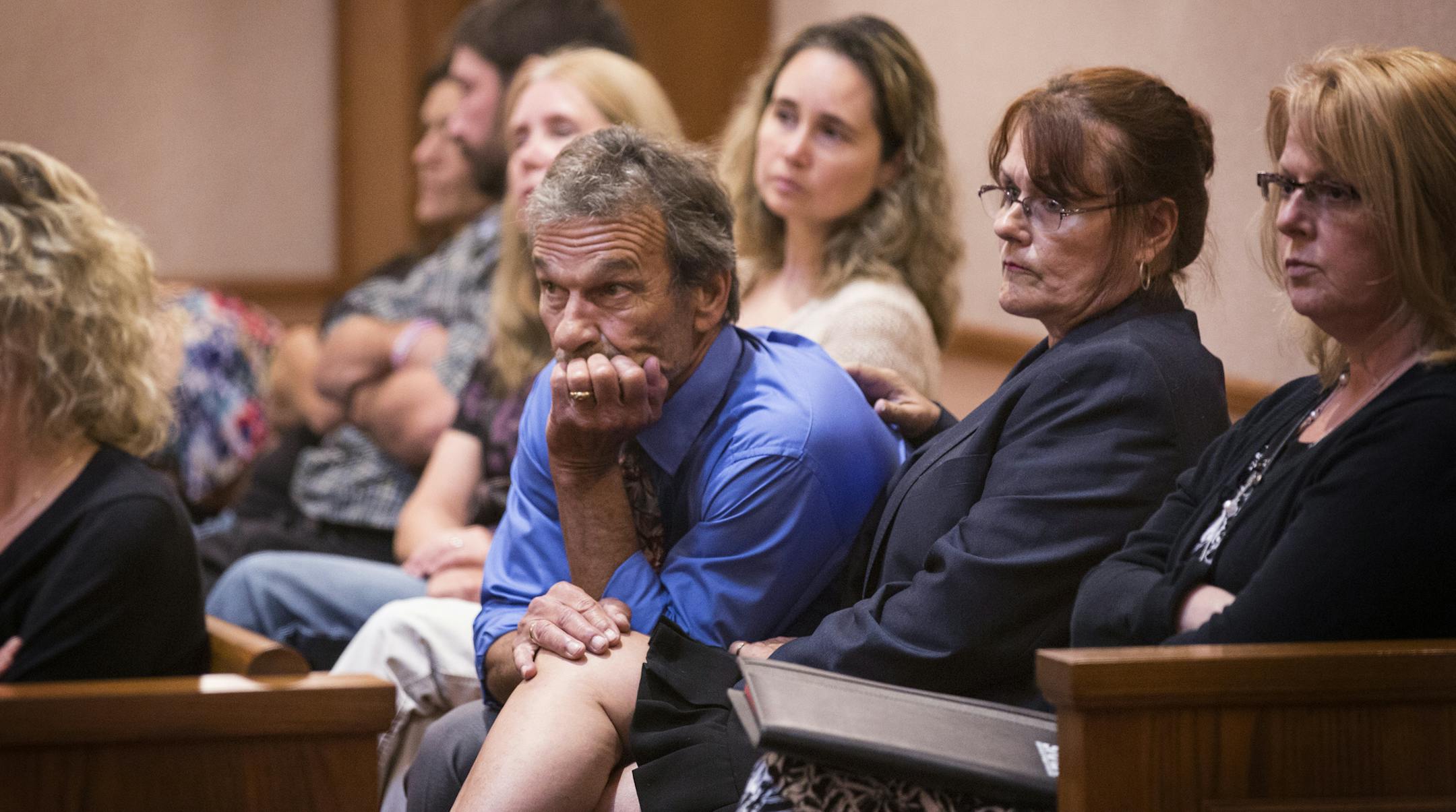 Steve and Bonnie Schaeffel, center, the grandparents of Nick Brady, listen during a Minnesota Supreme Court appeal hearing on the Byron Smith case at the Minnesota Judicial Branch building in St. Paul on Thursday, September 3, 2015. ] LEILA NAVIDI leila.navidi@startribune.com / BACKGROUND INFORMATION: Defense attorneys for Byron Smith, who was convicted of killing two teenage intruders in his Little Falls home, 18-year-old Haile Kifer and 17-year-old Nick Brady, filed an appeal with the Minnesot