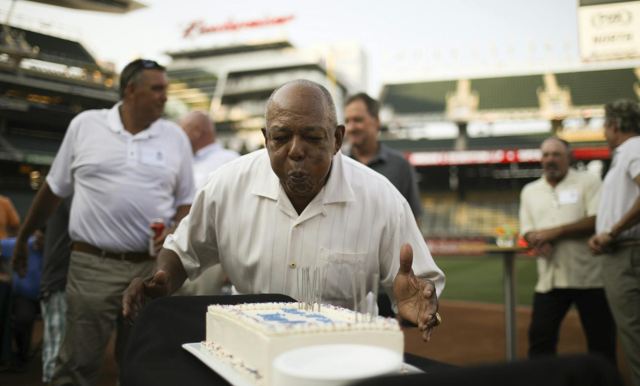 Tony Oliva to blow out the candles (unlit sparklers) on a cake to celebrate his 79th birthday Thursday.