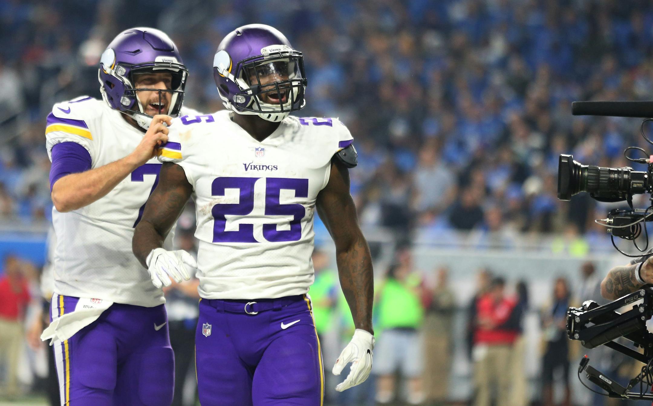 Minnesota Vikings quarterback Case Keenum (7) celebrated Latavius Murray (25) third quarter touchdown run at Ford Field Thursday November 23, 2017 in Detroit , MI.] The Detroit Lions hosted the Minnesota Vikings Thanksgiving day.JERRY HOLT ï jerry.holt@startribune.com