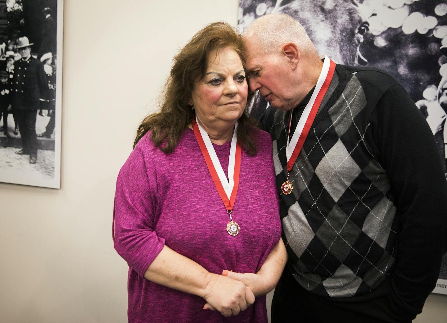 Dorothy Noga, the civilian who helped break the case, shares a moment with retired St. Paul Police officer James Groh, who worked on the case, after the ceremony. Noga said he was whispering to her about how he visited her in the hospital after she was stabbed by Cassie's murderer Stuart Knowlton, and how he broke down and cried when he saw her because no one expected her to live. And that he is thankful that she lived and thinks about it every day. ] LEILA NAVIDI &#xef; leila.navidi@startribune