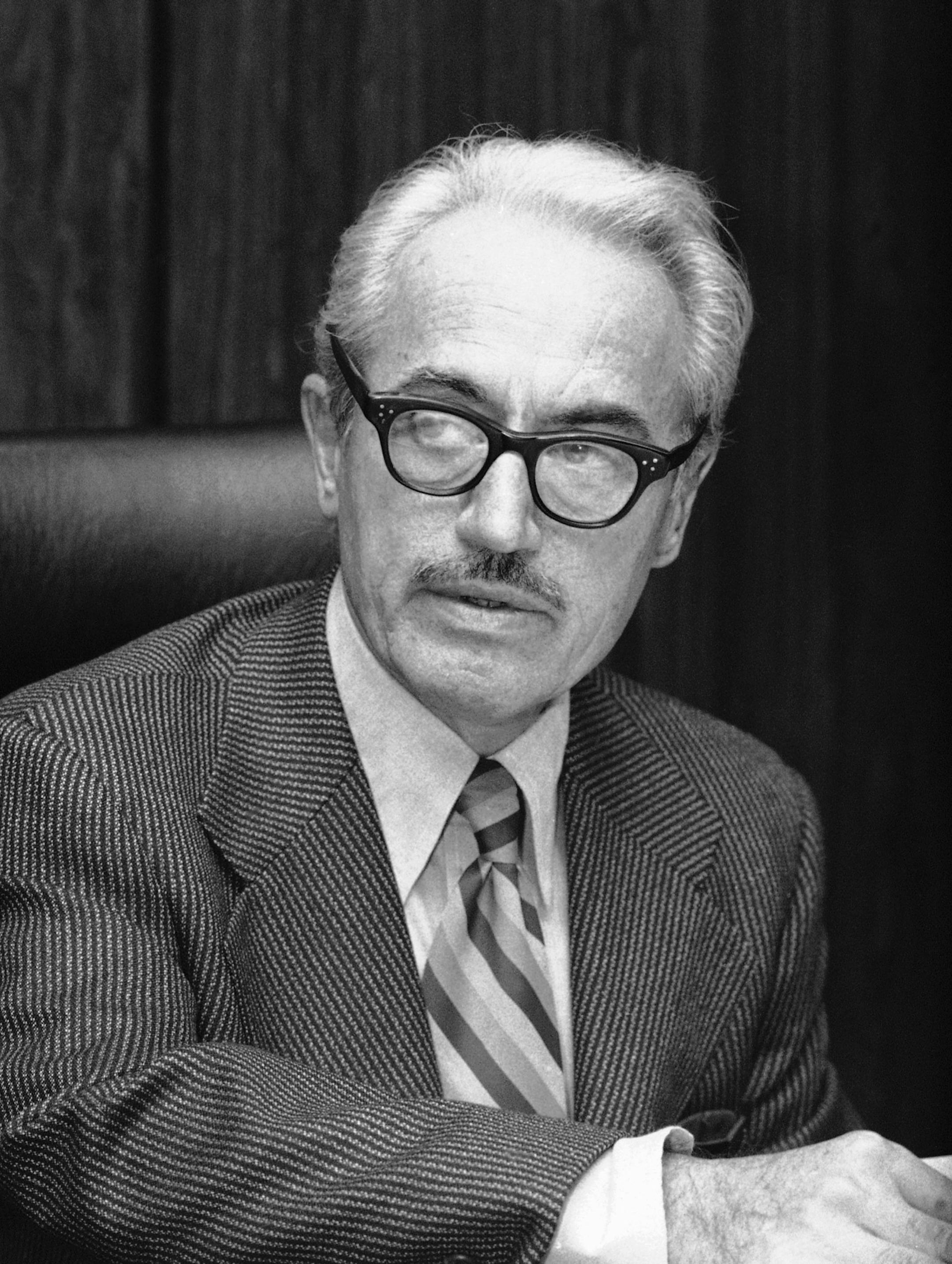 Marvin Miller, head of the Major League Baseball Players Association, speaks at a news conference, Wednesday, Jan. 26, 1977 in New York. Miller accused some player agents of massive rip-offs and warned that the potential for abuses and conflict of interests is very grave. (AP Photo/Marty Lederhandler) ORG XMIT: APHS220816