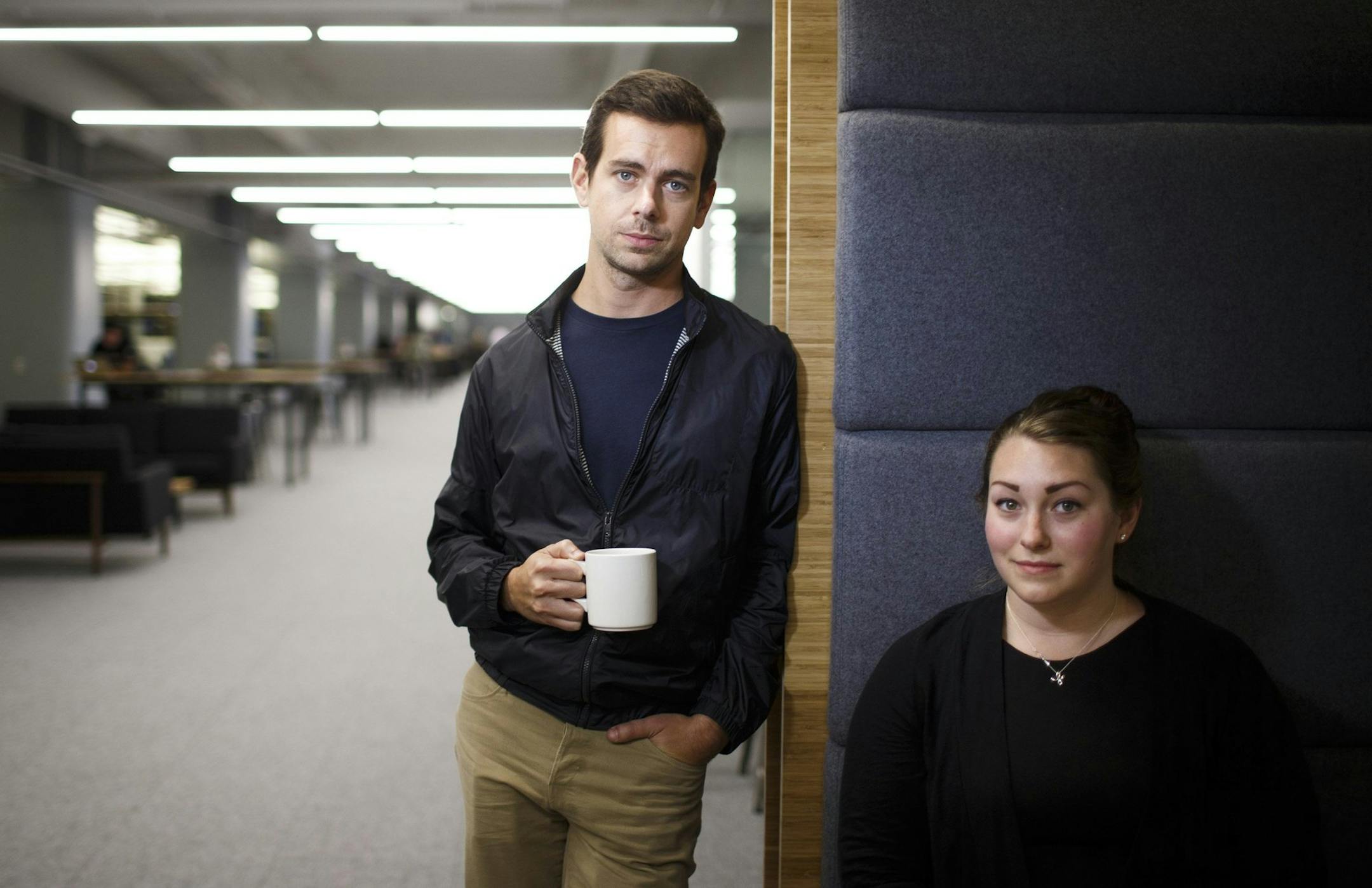 Square's CEO Jack Dorsey and Global Facilities Manager, Maja Henderson, at the company's new headquarters in San Francisco, California, on October 8, 2013. The mobile-payments startup boasting $340 million in venture capital is just down the street from Twitter Inc. (Dai Sugano/Bay Area News Group/MCT) ORG XMIT: 1144390 ORG XMIT: MIN1310161803367212