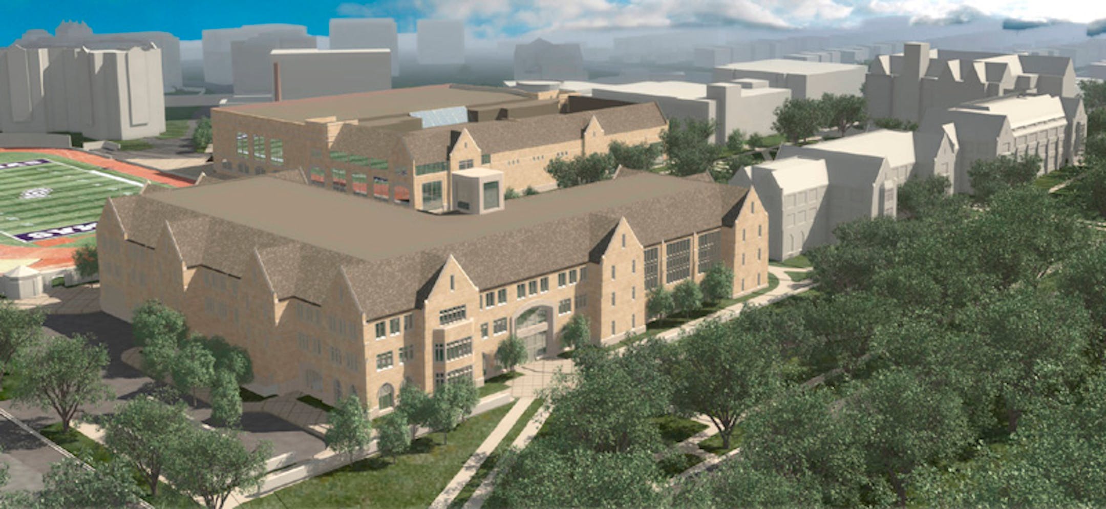 This drawing shows the proposed Anderson Student Center. Directly behind the proposed student center is the Anderson Athletic and Recreation Complex.